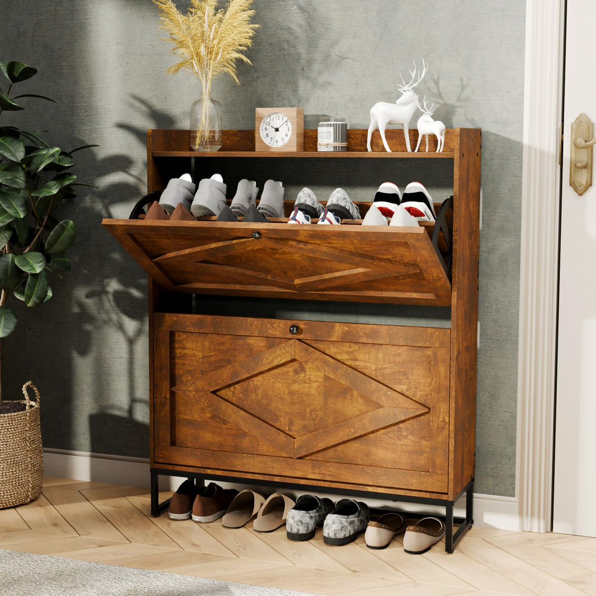 susici Shoe Storage Cabinet with 2 Flip Drawers for Entryway, Slim Freestanding Shoe Cabinet Organizer, Narrow Shoe Rack Cabinet with Metal Legs, Farmhouse Hidden Shoe Cabinet for Entrance Hallway susici