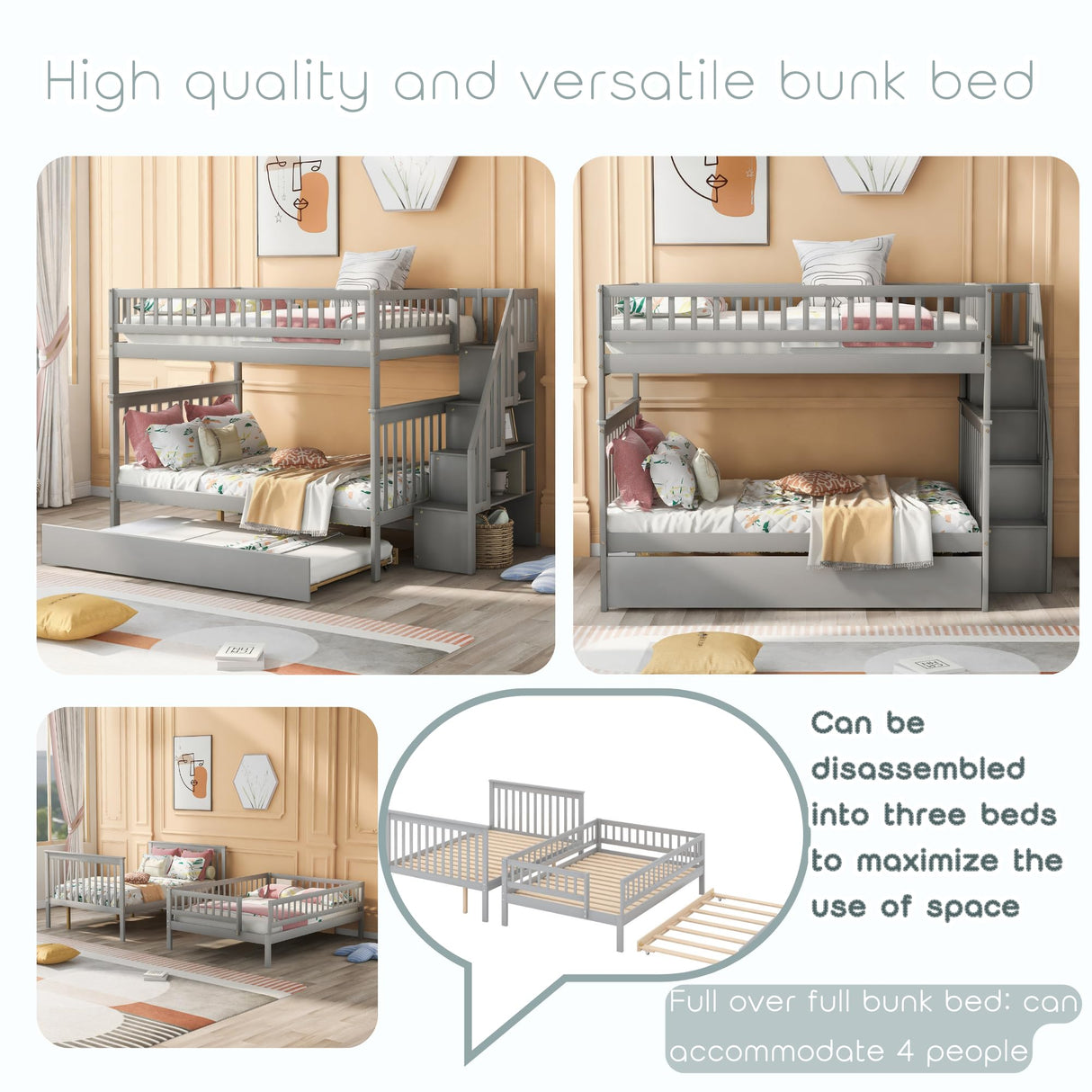 Full Over Full Bunk Beds with Trundle and Stairs Stairway Bunk Bed Frame with Storage Shelves for Kids Teens Adult, Detachable Wood Full Bunk Bed for Boys Girls Adults, Gray Bellemave