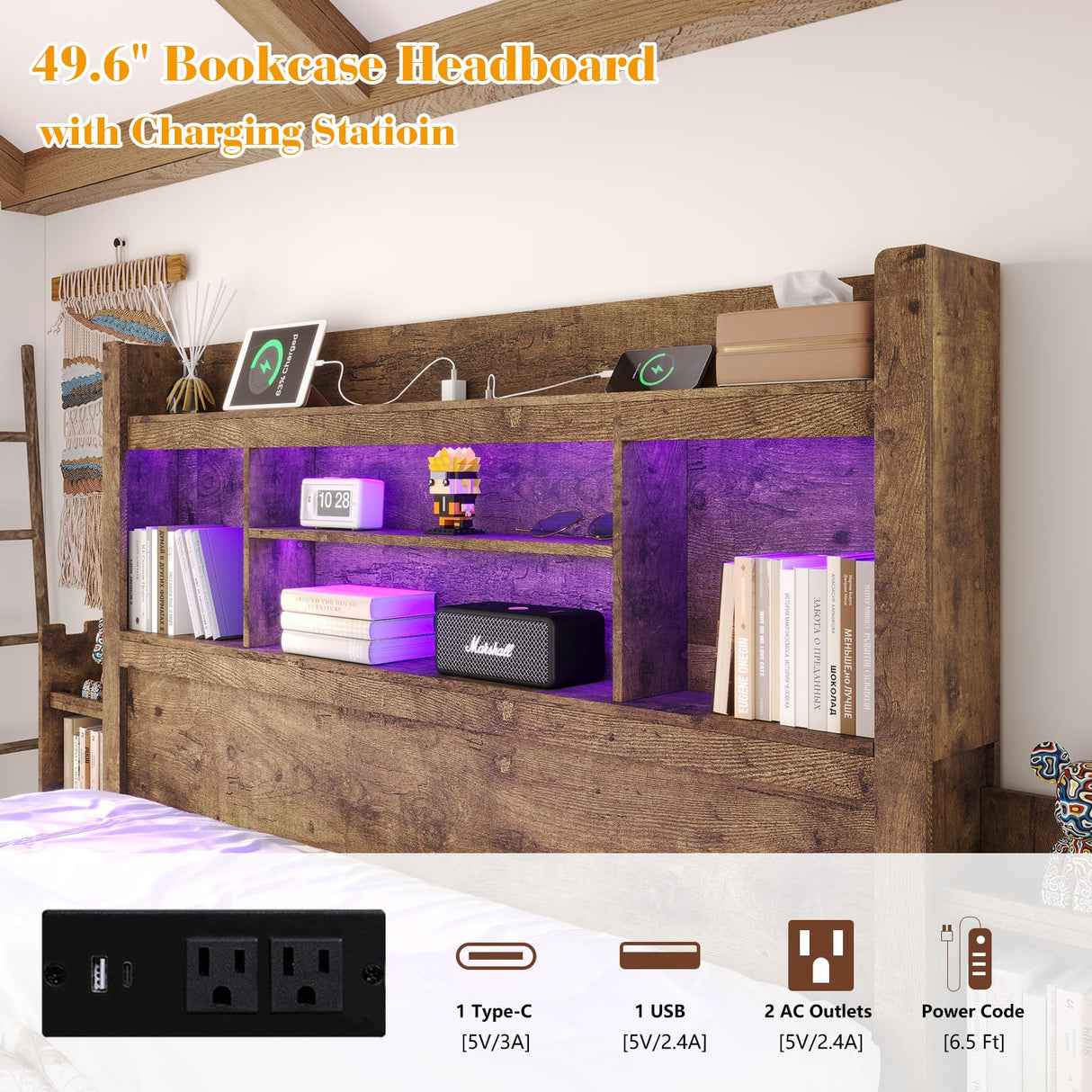 LUXOAK Rustic Brown King Bed Frame with Bookcase Headboard, RGB LED, Charging Station, and Storage Drawers LUXOAK
