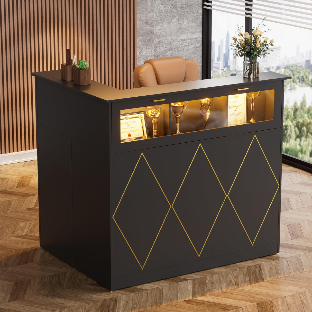 PAKASEPT Reception Desk with LED Lights, L-Shaped Modern Front Desk with Glass Display Shelf, Reception Counter Table for Lobbies, Salons, Retail, Home Offices (Black) PAKASEPT