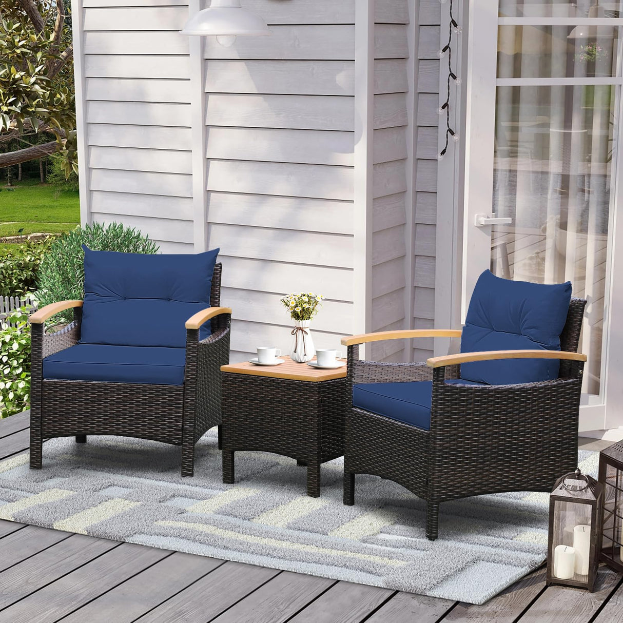 KOTEK 3 Piece Patio Furniture Set, Outdoor Conversation Set with Removable Cushions, Acacia Wood Tabletop and Armrests, PE Rattan Wicker Bistro Set for Porch, Balcony, Backyard (Navy Blue) KOTEK