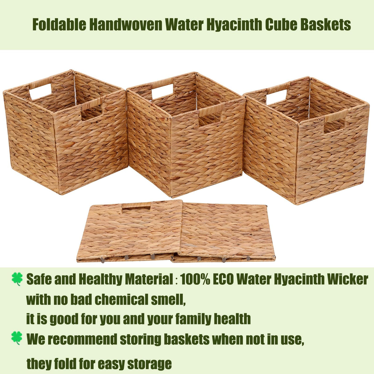 JGJCYO9 Storage Baskets Wicker Cube Baskets Foldable Handwoven Water Hyacinth Laundry Organizer,Cube Storage Baskets,Set of 4 pcs Baskets-11x11x11inch JGJCYO9