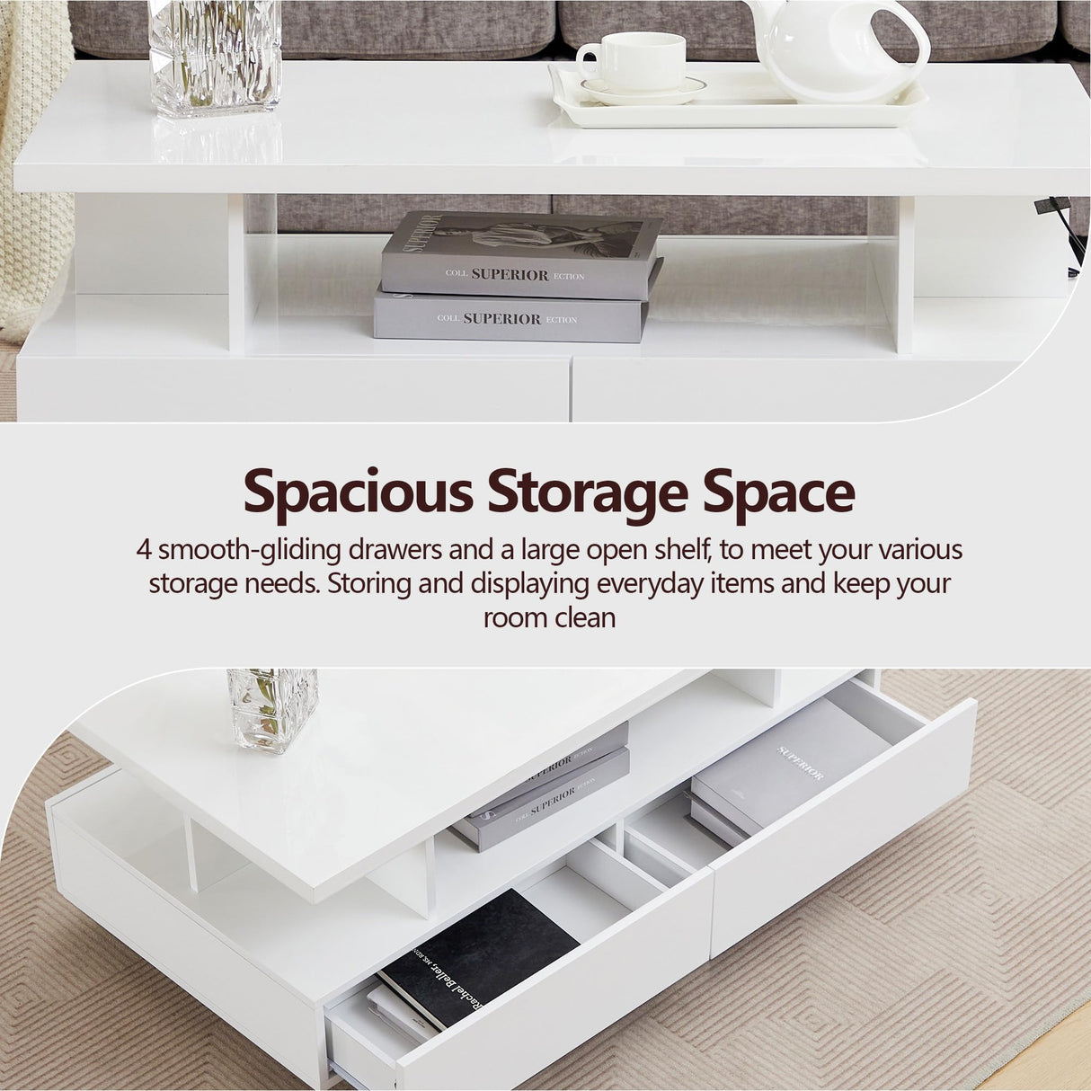 Tltaroni LED Coffee Table, Modern High Glossy Coffee Table with 4 Drawers and Open Display Shelf Wood Rectangle Center Tables with Storage for Living Room, White Tltaroni