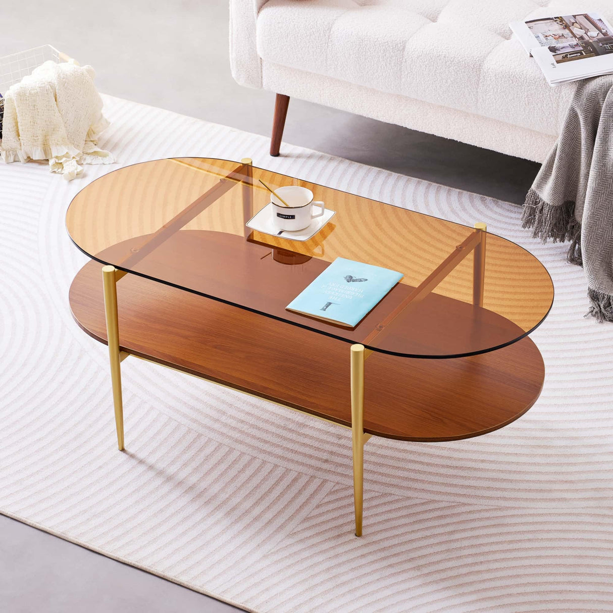 LumFurn Oval Glass Coffee Table, Mid-Century Modern Design, L41 x W21 x H17 inch, for Living Room, 2-Tier Structure, Amber Glass Top and Walnut Finish Wood Shelf, Conical Legs with Gold Finish Frame LumFurn