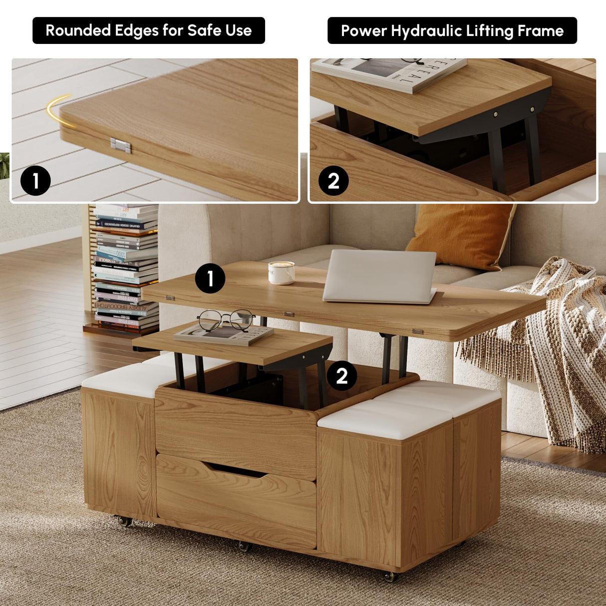 homary Natural Lift Top Coffee Table with Hidden Storage, 3 in 1 Multi-Function Modern Folding Center Table with 4 Stools and Casters homary