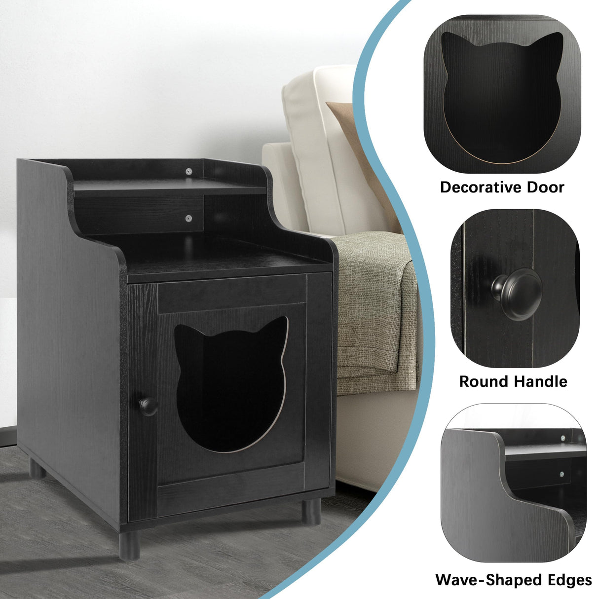 DOUSY- Small Wooden Cat Litter Box Enclosure, Hidden Litter Box Furniture Enclosed Cat Washroom Storage Cabinet, Side Table, Nightstand, Indoor Pet House 15.8 x 15.8 x 24 Inches, Black DOUSY