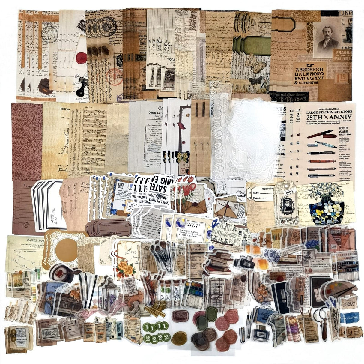 260PCS Vintage Journaling Scrapbooking Supplies Scrapbook Sticker Paper Ephemera Pack for Bullet Junk Journal Planners Collage Craft Notebooks Album (Pen Ink and Letter) Esweny