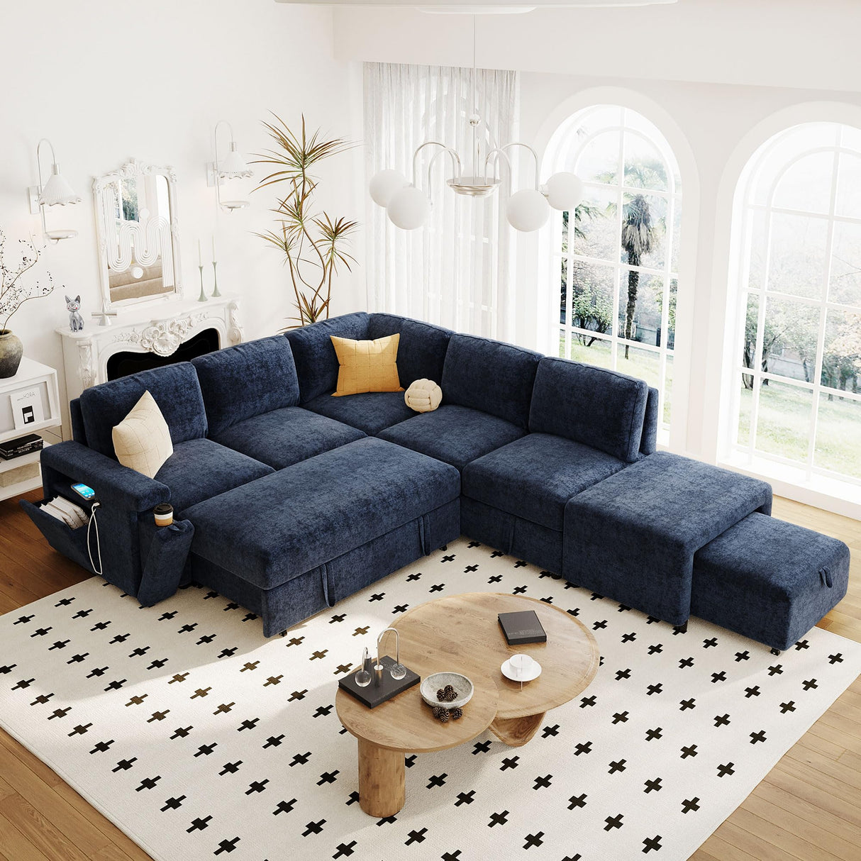 Merax L-Shaped Modular Sectional Sofa with Removable Storage Ottoman, USB Ports and Cup Holder, 6-Seats Upholstered Couch & Armrest, Free Combination Indoor Furniture for Living Room, Apartments, Blue Merax