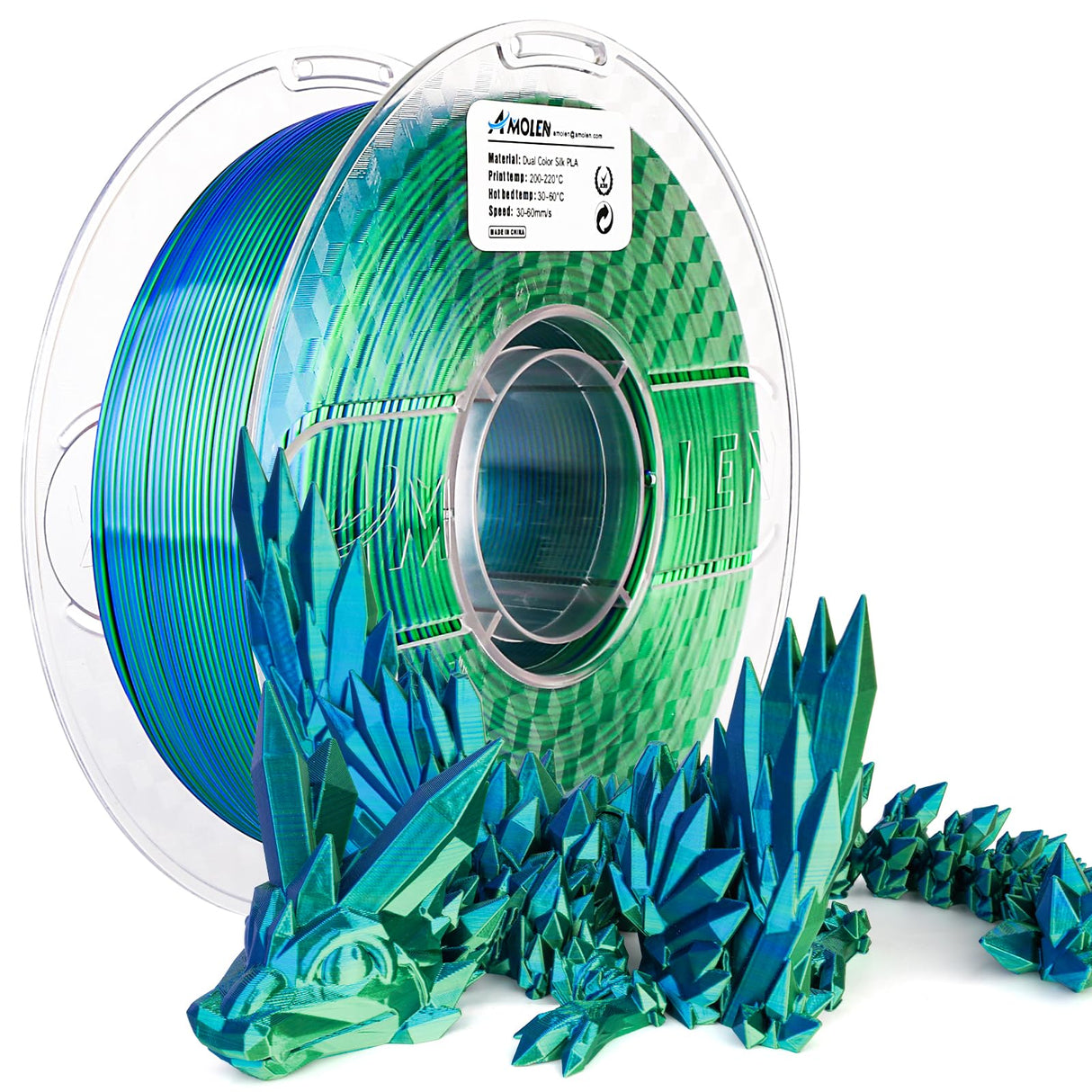AMOLEN Silk PLA 3D Printer Filament, Silk Dual Color Blue Green PLA Filament 1.75mm, Shiny Coextrusion PLA Filament, Color Change 3D Printing Filament 1KG/2.2lb AMOLEN