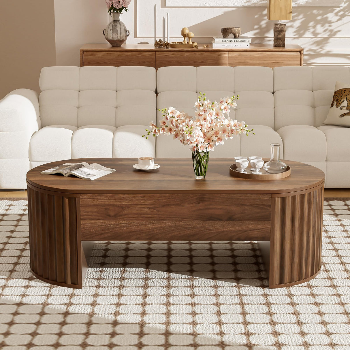 SPMETUYO Oval Coffee Table with Lifting Top for Living Room Smart Coffee Table with Storage Mid Century Modern Coffee Tables with Adjustable Lift Top Coffee Tables Fluted Walnut 47.2" SPMETUYO