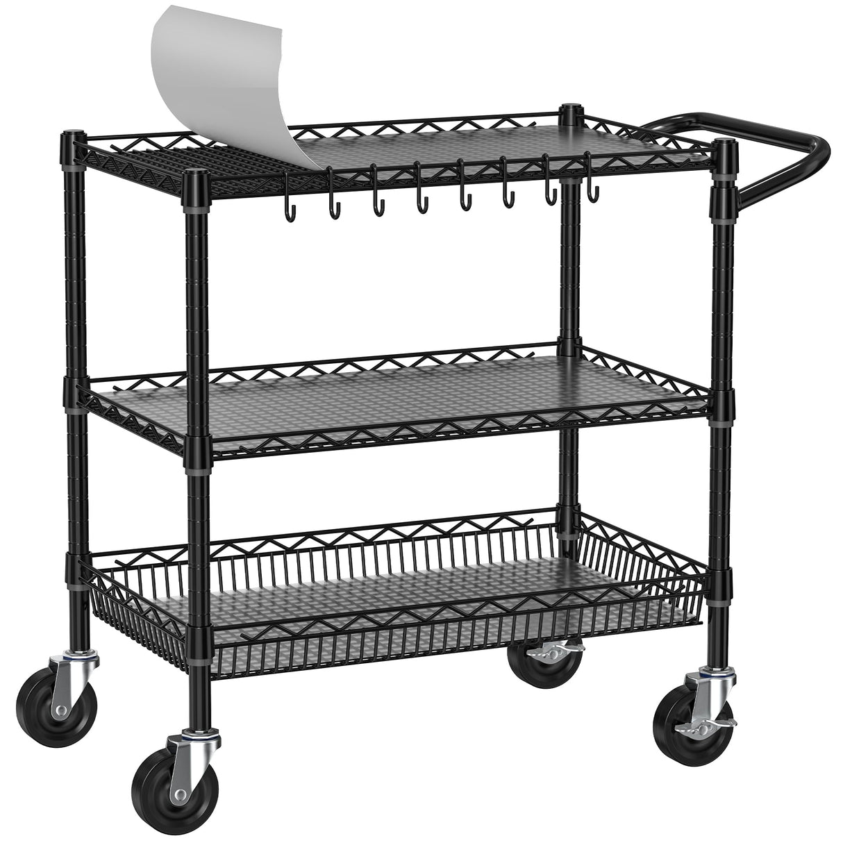 Folews Heavy Duty Rolling Cart with Wheels, 3 Tier Commercial Grade Utility Cart Metal Kitchen Storage Trolley Wire Cart Food Storage Cart Service Cart with Handle Bar & Shelf Liner, Black Folews