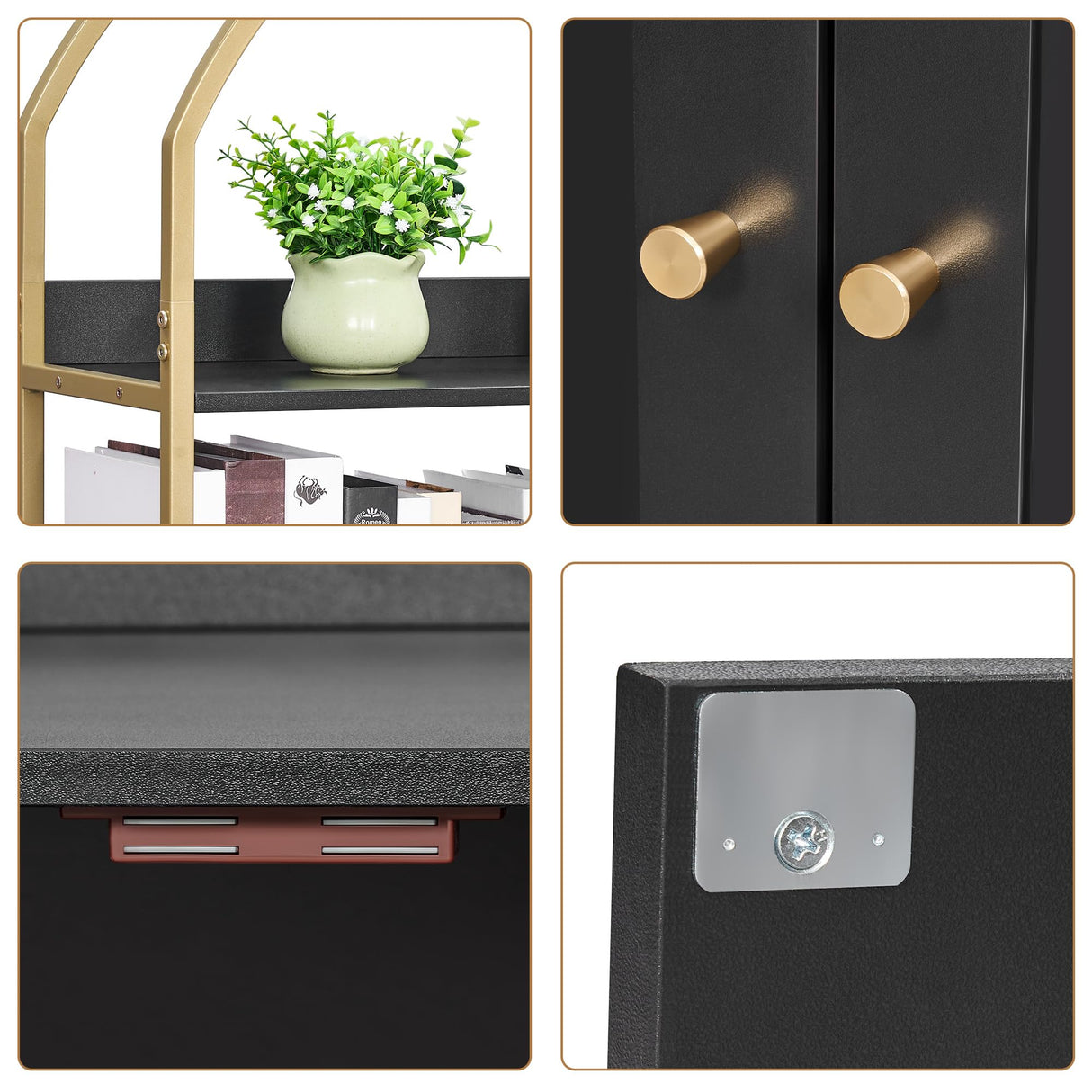 Homhedy Cat Litter Box Enclosure, Litter Box Furniture Hidden with 2-Tier Storage Shelves, Wooden Cat Washroom Furniture with Metal Frame, Cat House, Modern Style, Black and Gold Homhedy