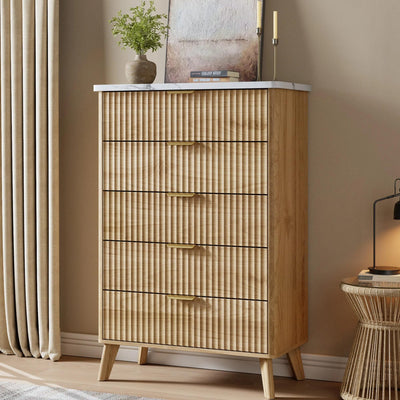 Garvee 5 Drawers Dresser for Bedroom, 47.2" Tall Dressers with Curved Profile Design, Fluted Wood Drawers with Gold Handle, Modern Chest of Dressers with Thickened Design for Living Room, Natural