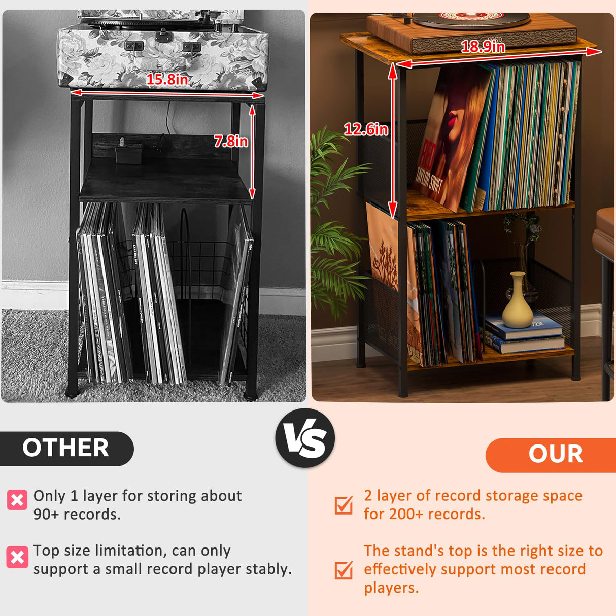 Record Player Stand Up to 200 Albums, Vinyl Storage Table with Extended Wooden Desktop, Record Player Holder for Albums, Vinyl Stand End Table Storage Rack for Bedroom & Living Room Honkazita