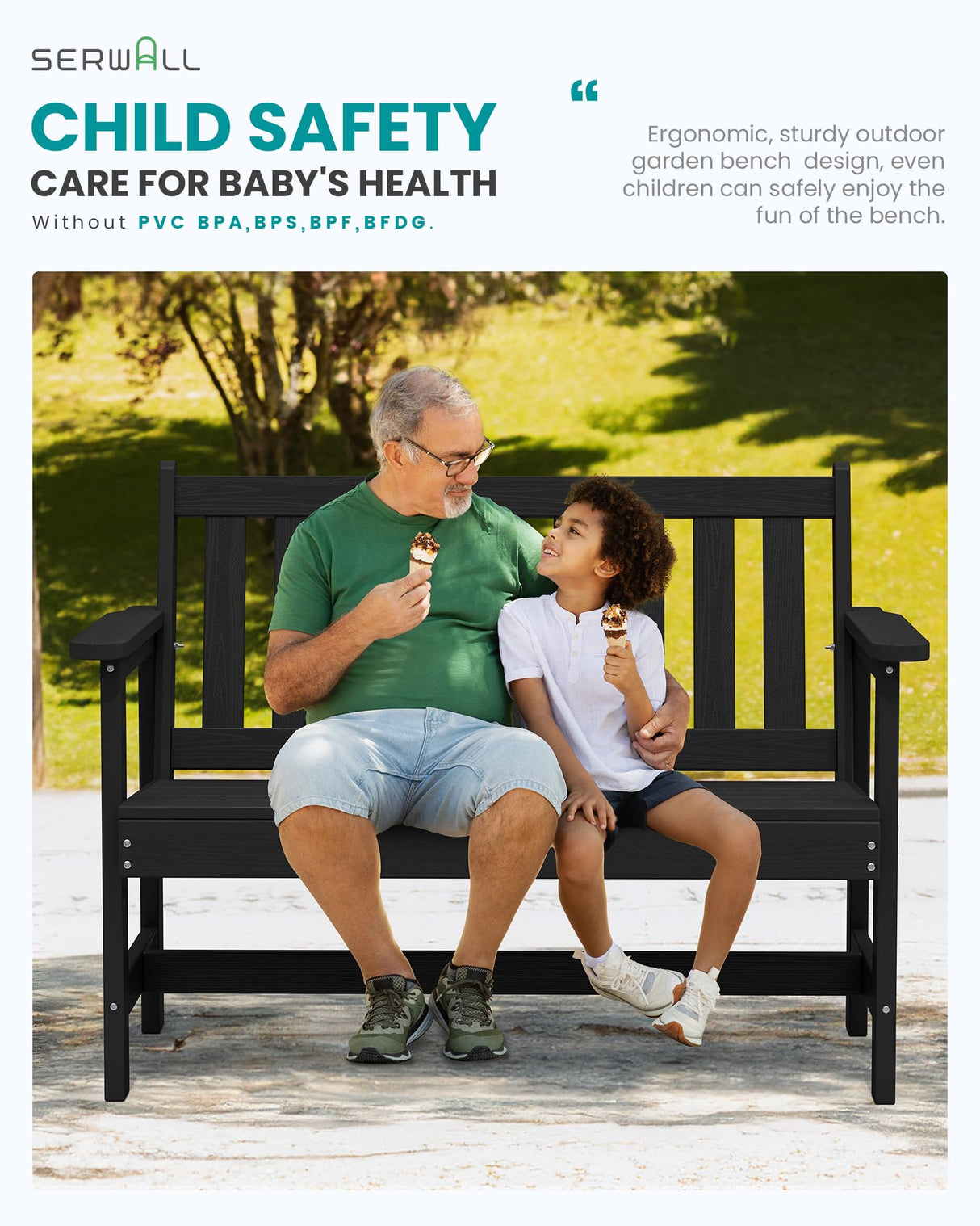 SERWALL Outdoor Bench, HDPE Outdoor Benches Weatherproof, 2-Person Garden Bench with 660 lbs Weight Capacity, Patio Benches for Outdoors, Garden, Porch, Backyard and Park, Black SERWALL