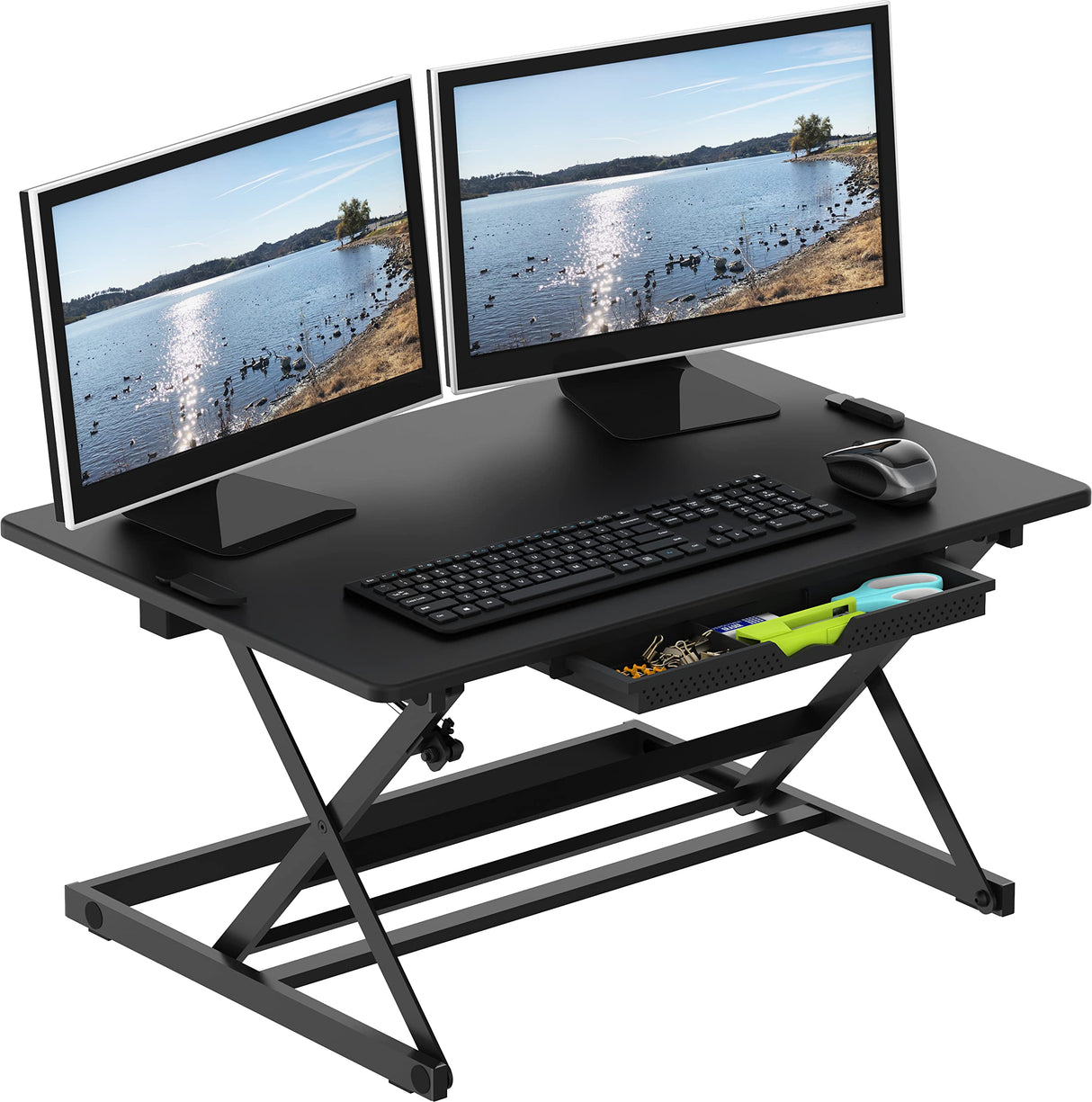 SHW 32-Inch Height Adjustable Standing Desk Converter Riser Workstation, Black SHW