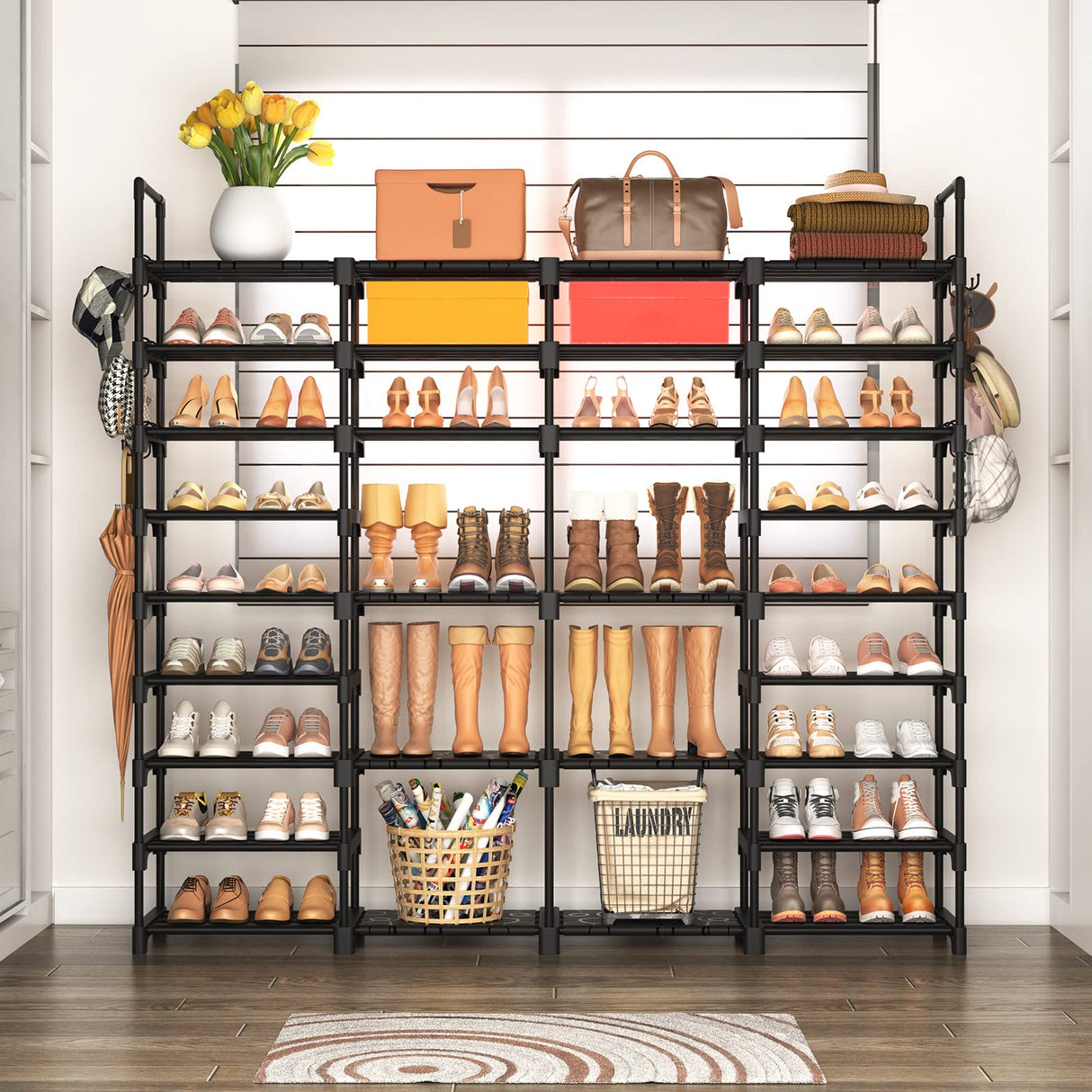 ROJASOP Large Shoe Rack Organizer for Entryway Closet 64-68 Pairs 9-Tier Heavy Duty Tall Garage Shoe Rack Shoe Shelf Shoes Storage with 18 Pcs Removable Side Hooks for Bedroom and Garage Black ROJASOP