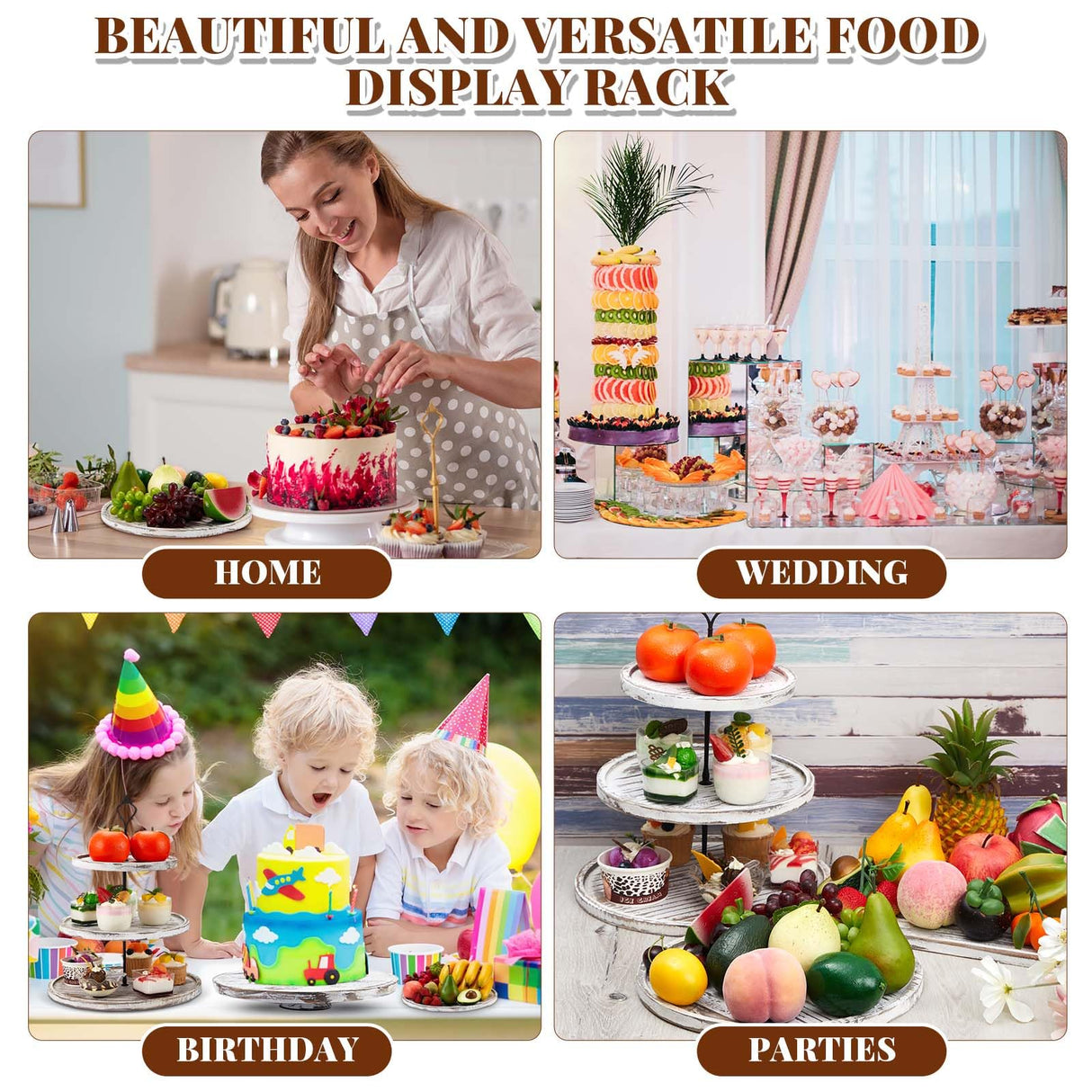 Roowest Wood Cake Stands Set of 6 Wood Dessert Tower Dessert Trays Desert Stands Cupcake Stand Rustic Wood 3 Tier Cupcake Serving Stands with Dessert Trays Farmhouse Wood for Tea Party (Vintage Brown) Roowest