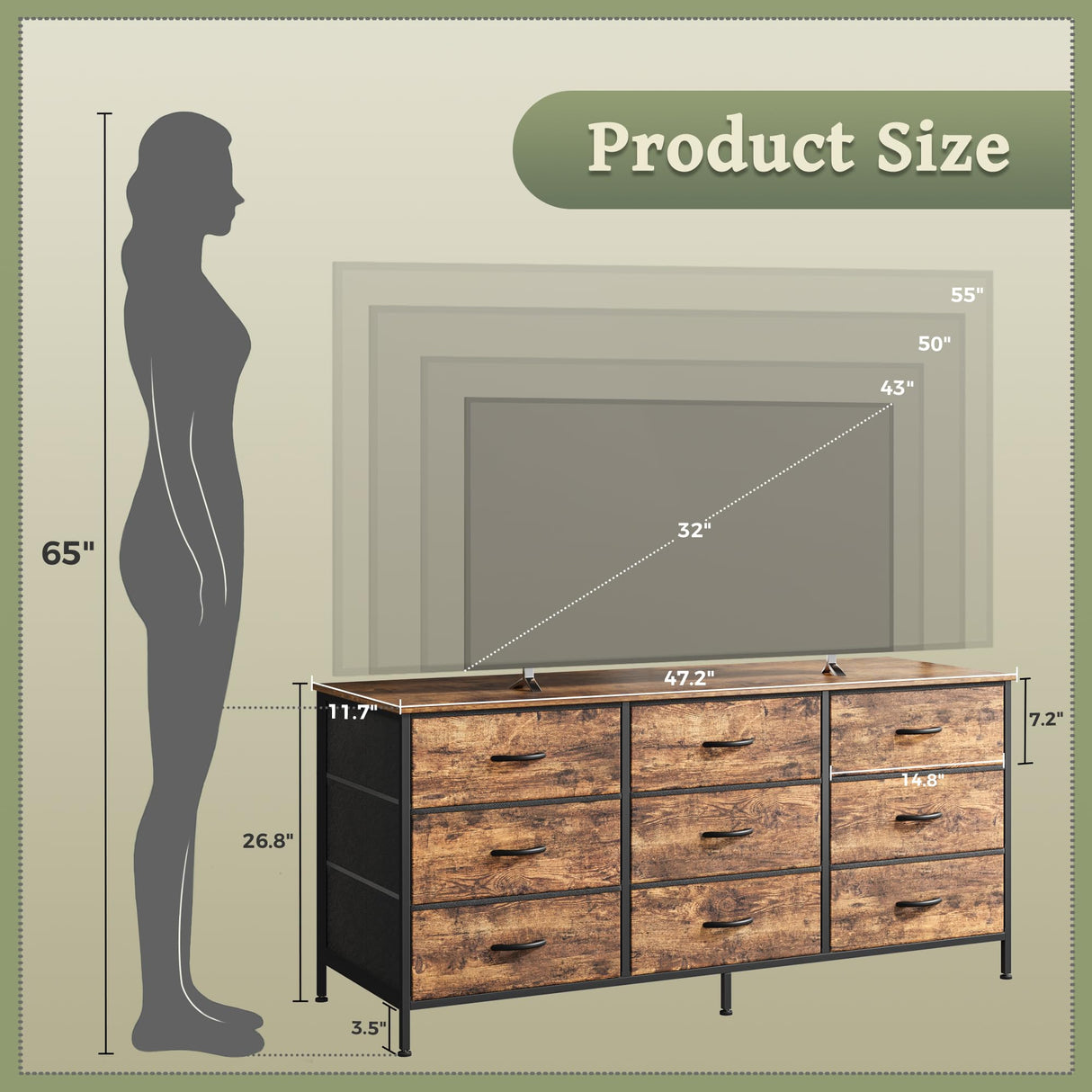 Huuger 9 Drawer Dresser, 47 Inch Dresser TV Stand for 50, 55 Inch TV, Entertainment Center with Drawers, Fabric Dresser Chest of Drawer for Bedroom, Closet, Rustic Brown Huuger