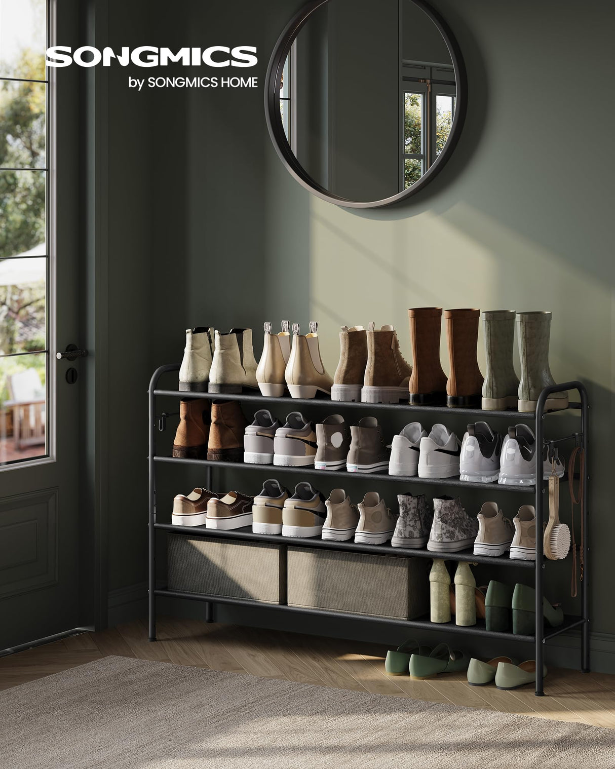 SONGMICS Shoe Rack, 4-Tier Shoe Organizer, Fabric Shoe Shelf Storage with 4 Hooks, Holds up to 24 Pairs of Shoes, Height-Adjustable Shoe Rack for Entryway, Hallway, Closet, Easy Assembly, Ink Black SONGMICS