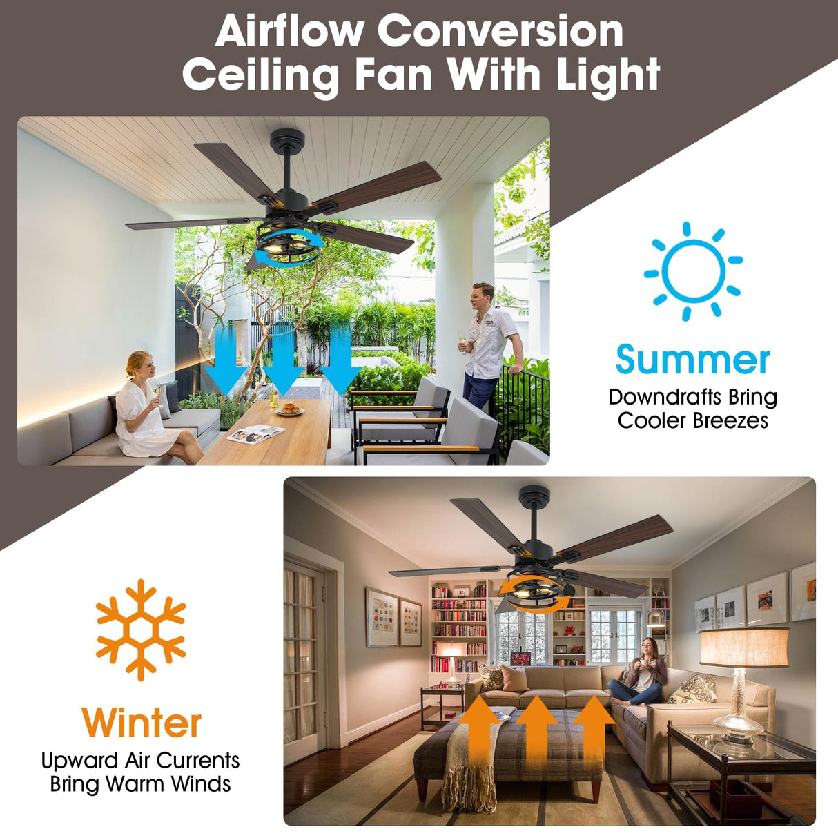 Vaczon 52" Farmhouse Ceiling Fans with Lights and Remote, Outdoor Ceiling Fan Dual Finish 5 Blades 6-Speed Quiet and Reversible DC Motor, Ceiling Fan with Light for Bedroom Living Room and Patio Vaczon