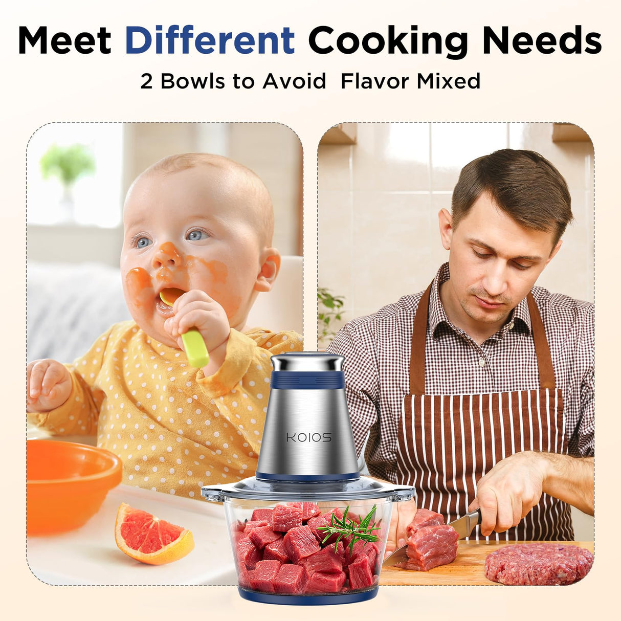 KOIOS Food Processor, 500W Electric Food Chopper with 2 Bowls (8 Cup+8 Cup) & 2 Bi-Level Blades&, Small Electric Grinder Meat Processor for Nuts, Meat, Onion, Garlic, Baby Food, Blue KOIOS
