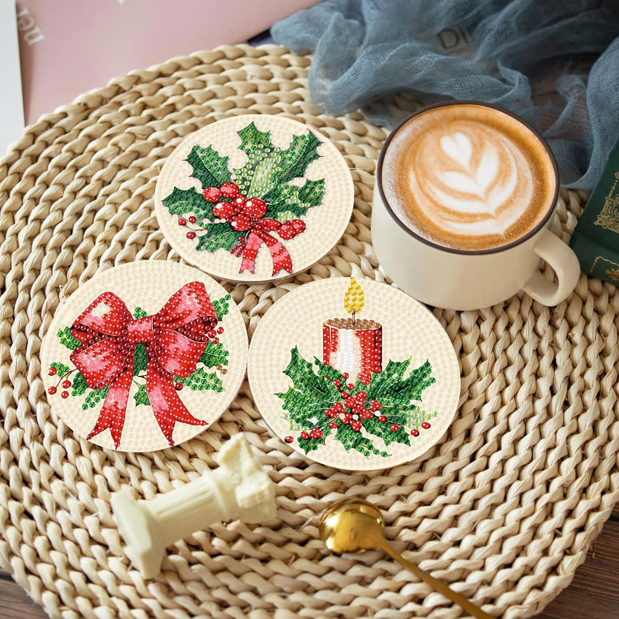 eniref 8 Pcs Christmas Diamond Art Coasters Kits with Holder, Chirstmas Bell Candy Candle Diamond Pinting Coasters Acrylic Cup Coaster with Cork Pads for Tabletop Protection 10×10 CM eniref