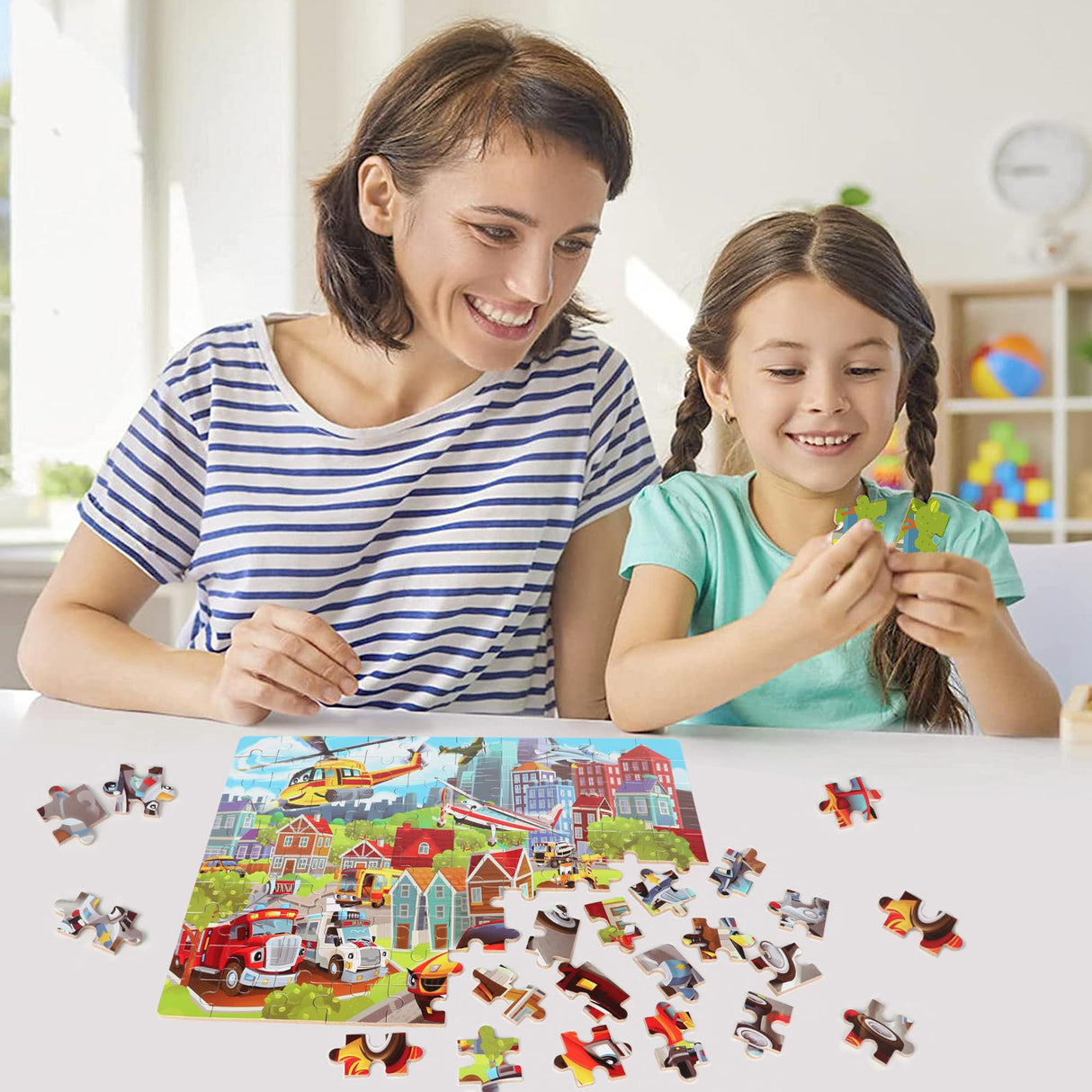LELEMON Puzzles for Kids Ages 4-8 Vehicles Jigsaw Puzzles in a Metal Box for Kids Boys Girls 100 Pieces Fire Truck Ambulance Police Car Helicopter Aircraft Learning Educational Puzzles LELEMON