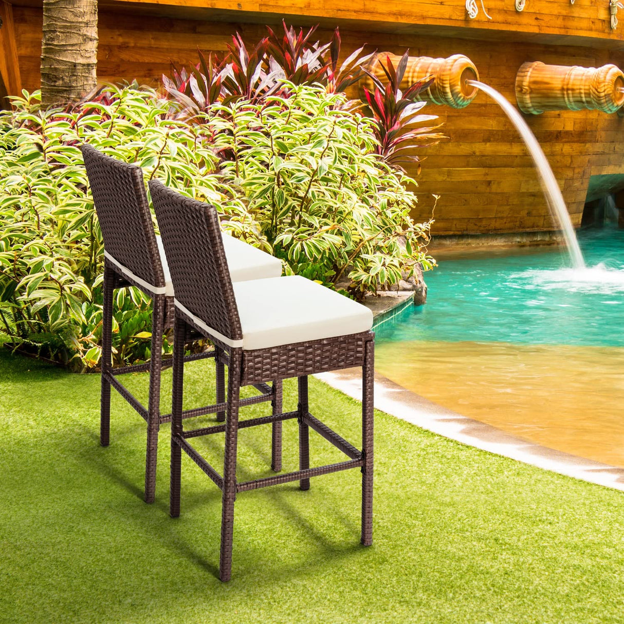 Outdoor Bar Stools Wicker Woven Patio Stools & Patio Bar Chairs Set of 4 Counter Bar Height Stools with Footrest Armless Cushion Beige All Weather Rattan Garden Stool for Pool Lawn Porch Backyard Patio Novagarden