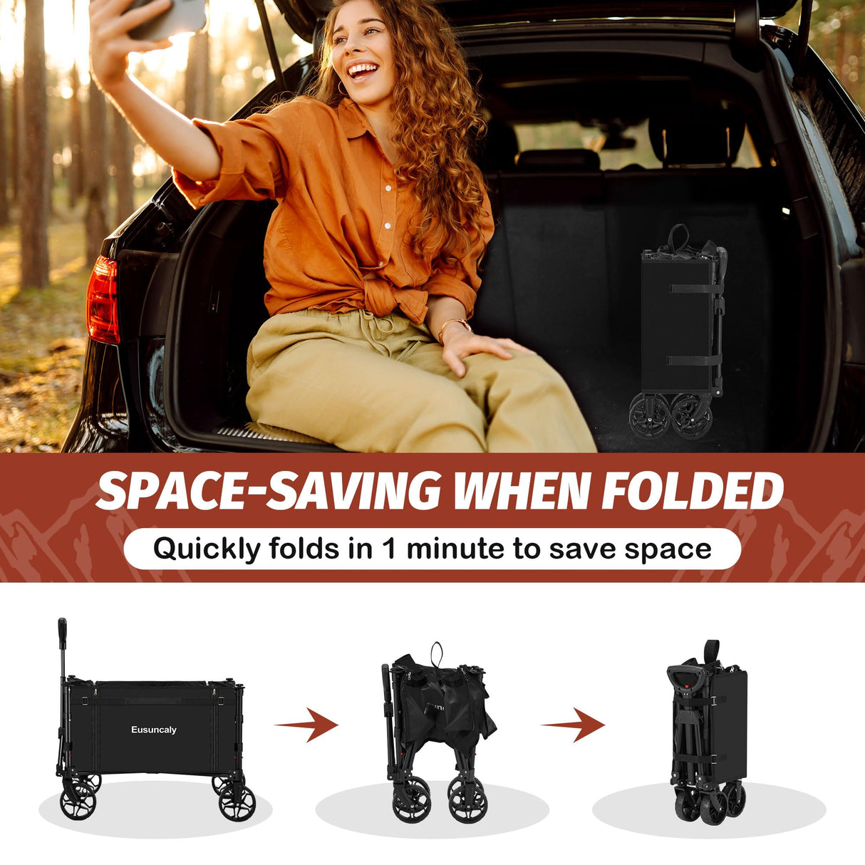 Eusuncaly Collapsible Wagon Cart with Wheels Foldable Wagon Folding Outdoor Utility Wagon Grocery Wagon for Camping Shopping Sports Gardeing Fishing (Black) Eusuncaly