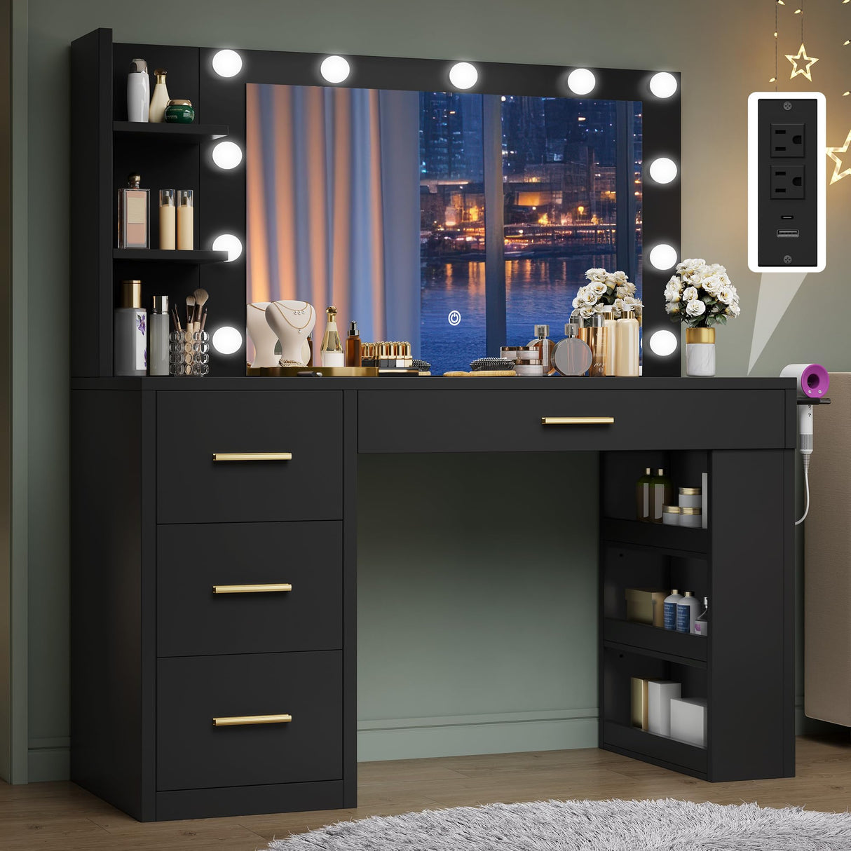 DWVO Vanity Desk with Mirror, Large Makeup Table with Power Outlets, 11 LED Bulbs, 3 Adjustable Light Modes, 4 Drawers and Built-in Shelves, Hollywood Dressing Vanity Desk Set for Bedroom, Black DWVO