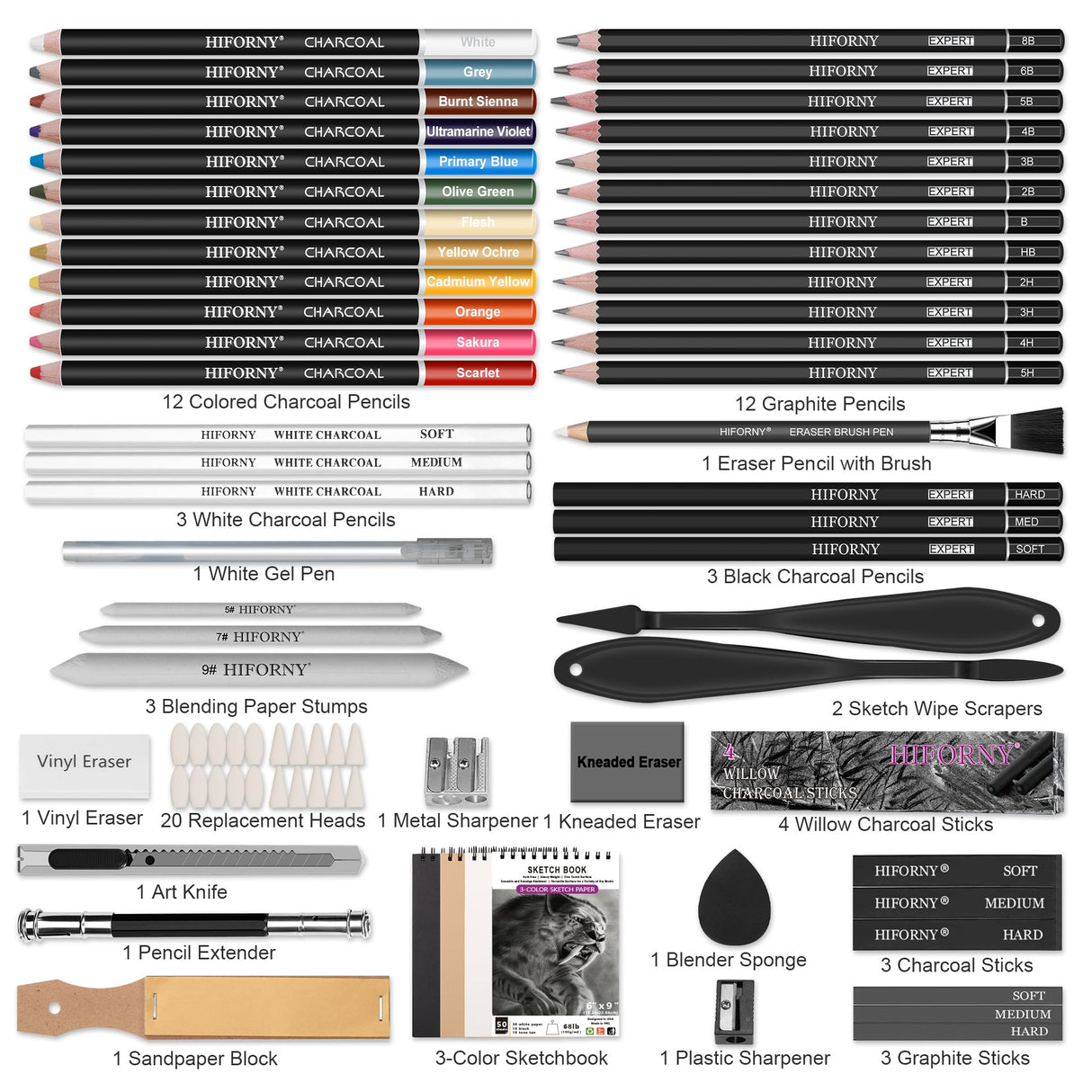 HIFORNY 76 PCS Drawing Set Sketching Kit,Sketch Pencils Art Supplies with Graphite,Charcoal,Blending Tools & Accessories,Portable Zippered Travel Case for Artists & Beginners HIFORNY