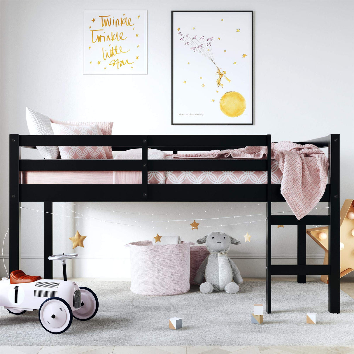 DHP Milton Twin Loft Bed with Safety Guard Rail, Black, Space Saving Junior Size, Pine Wood DHP