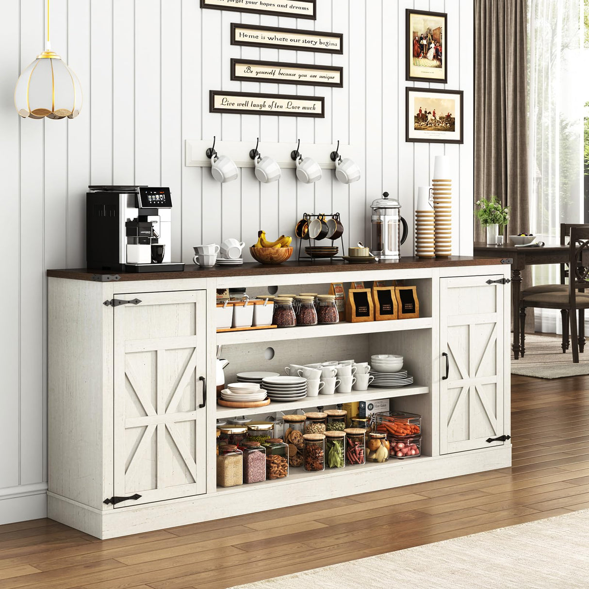 Hlivelood 75" Farmhouse TV Stand with Power Outlets for 85 Inch TVs, 33" Tall Entertainment Center with Storage Cabinets w/Adjustable Shelves, Rustic Large TV Media Console, Rustic White Hlivelood