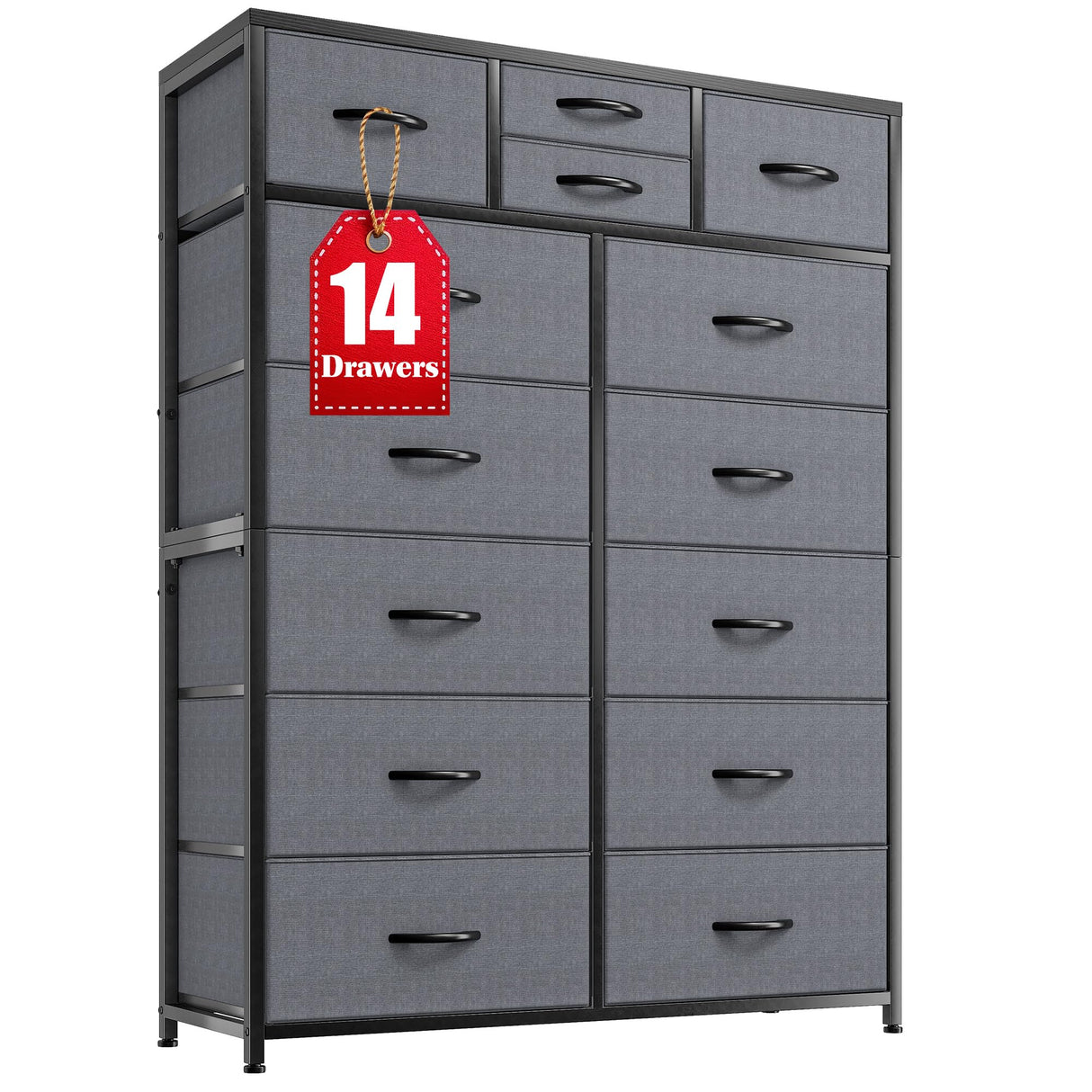 14 Drawer Dresser, Tall Fabric Dressers & Chest of Drawers, Large Bedroom Dresser for Bedroom, Closets, Living Room, Entryway, Wooden Top, Metal Frame, 52.2" H x 37.4" W x 11.8" D, Grey EnHomee
