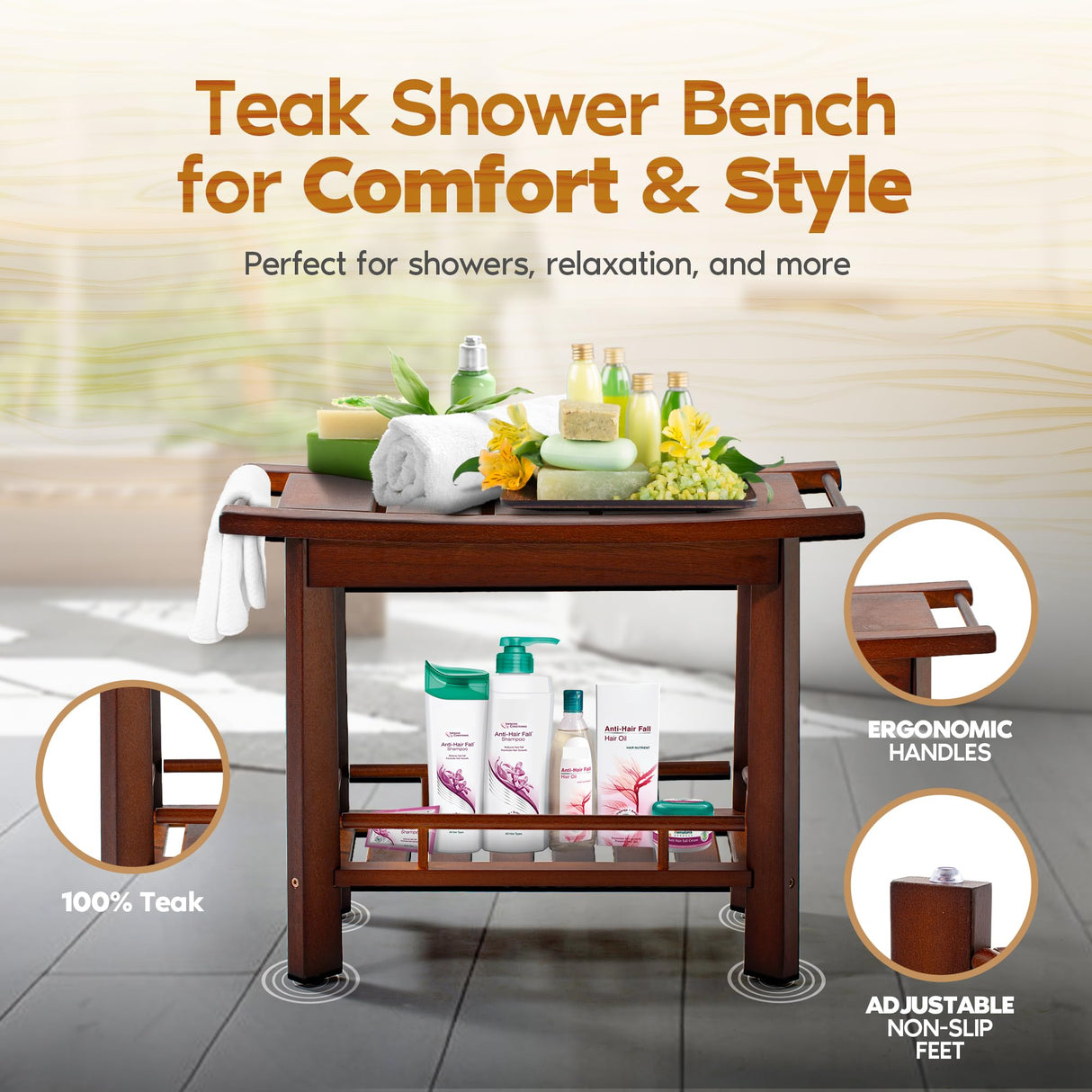 AK Decor 21" Teak Shower Bench for Inside – Luxury Spa-Style Comfort, FSC Certified Durable Teak Wood, Water-Resistant, Ergonomic Seat, Anti-Skid Stability and Enclosed Storage Shelf, 350 lbs Capacity Ak Decor