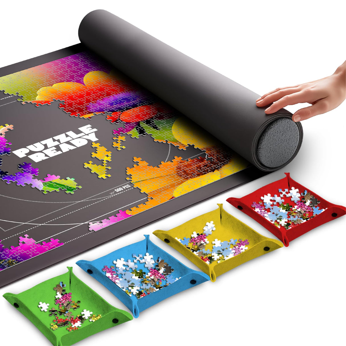 Puzzle Ready Jigsaw Puzzle Mat Roll-Up - 46″ x 29.5″ for 1500 Pieces - Portable Puzzle Board with 4 Sorting Trays, Storage Bag, Foam Roller, 3 Hook & Loop Fastener Straps Puzzle Ready
