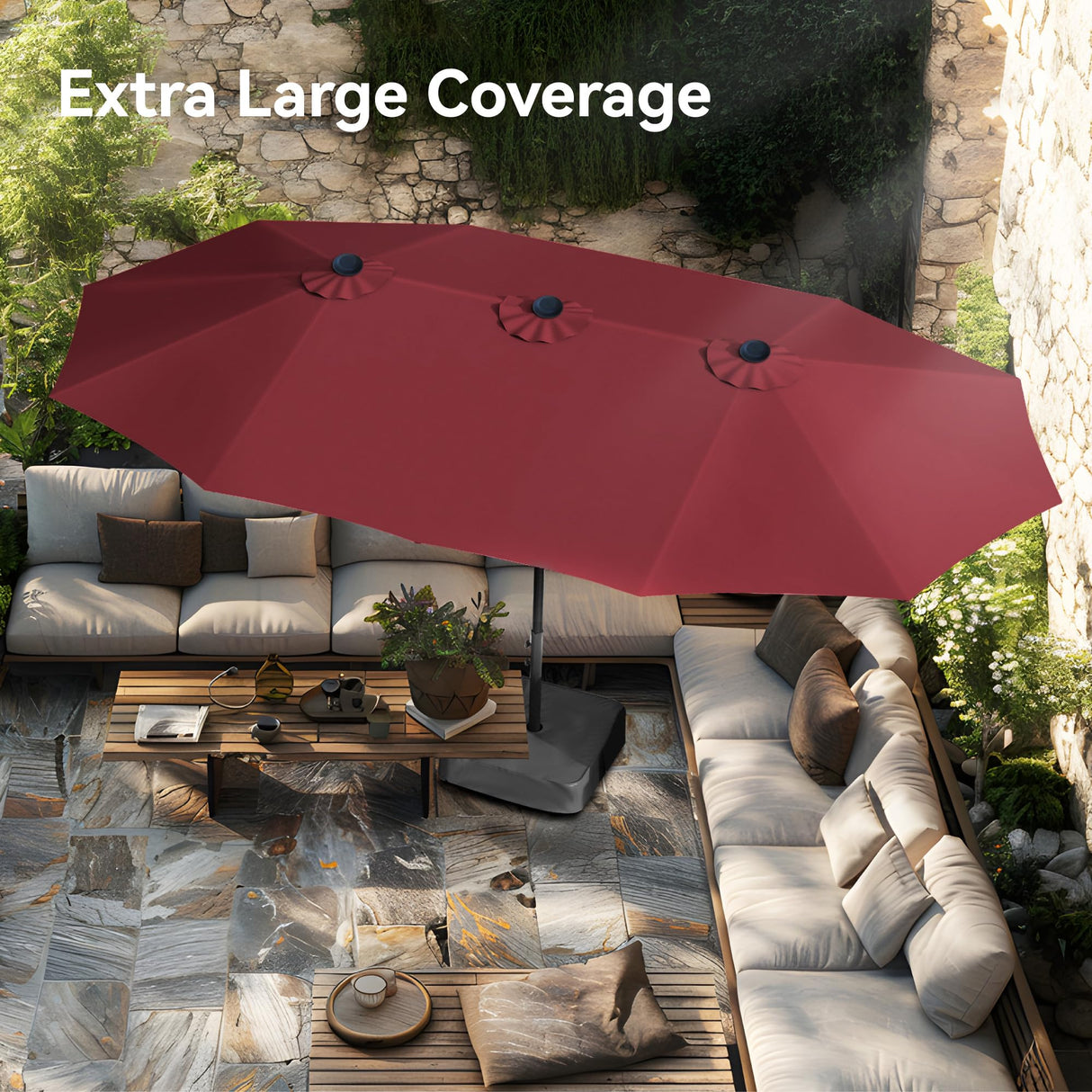 PHI VILLA 15ft Patio Umbrella Double-Sided Outdoor Market Extra Large Umbrella with Crank, Umbrella Base Included (Dark Red) PHI VILLA