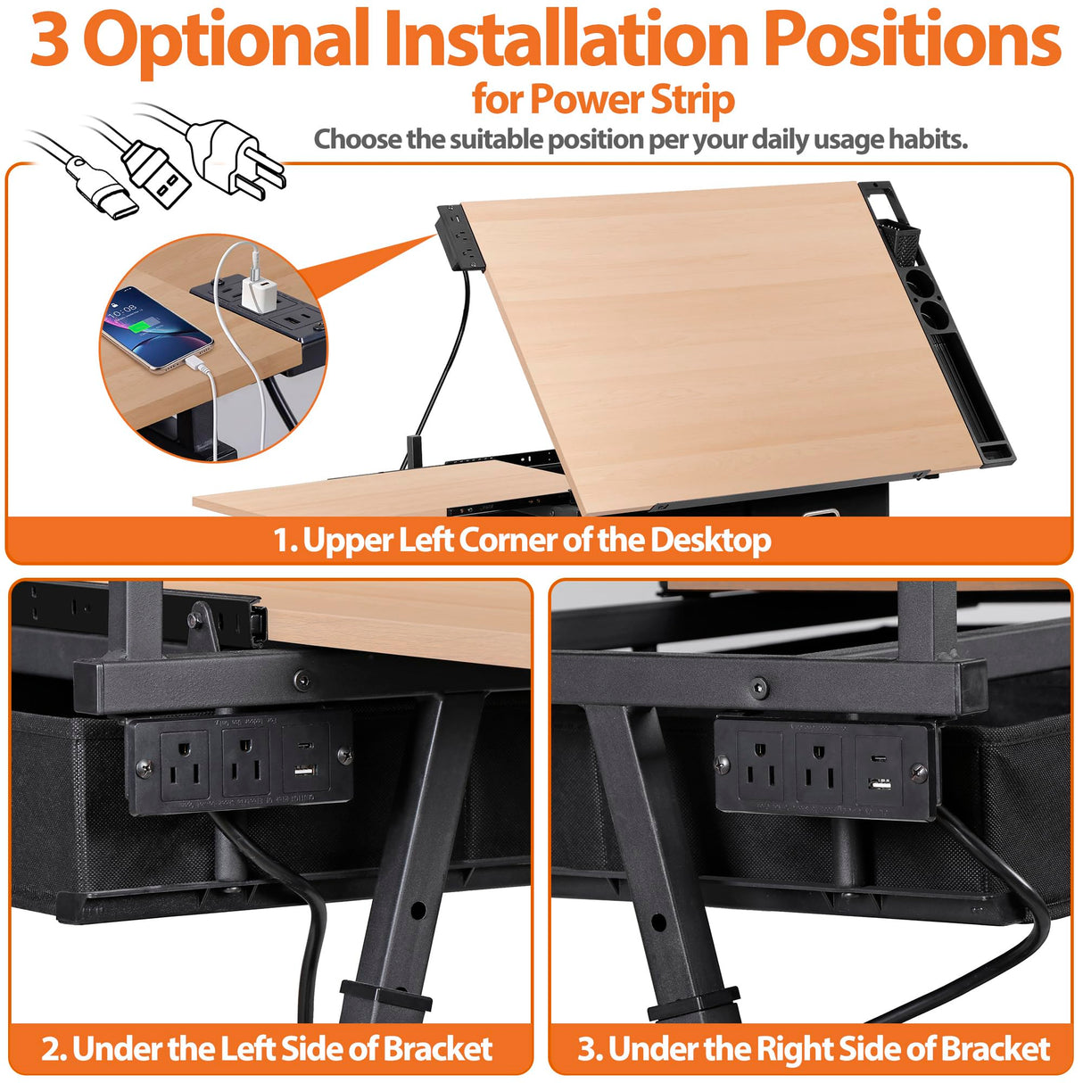 HomGarden Height Adjustable Drafting Desk Drawing Table Art Craft Work Station w/Stool, Power Outlet and Storage Drawers for Home Office Study Room, Natural HomGarden