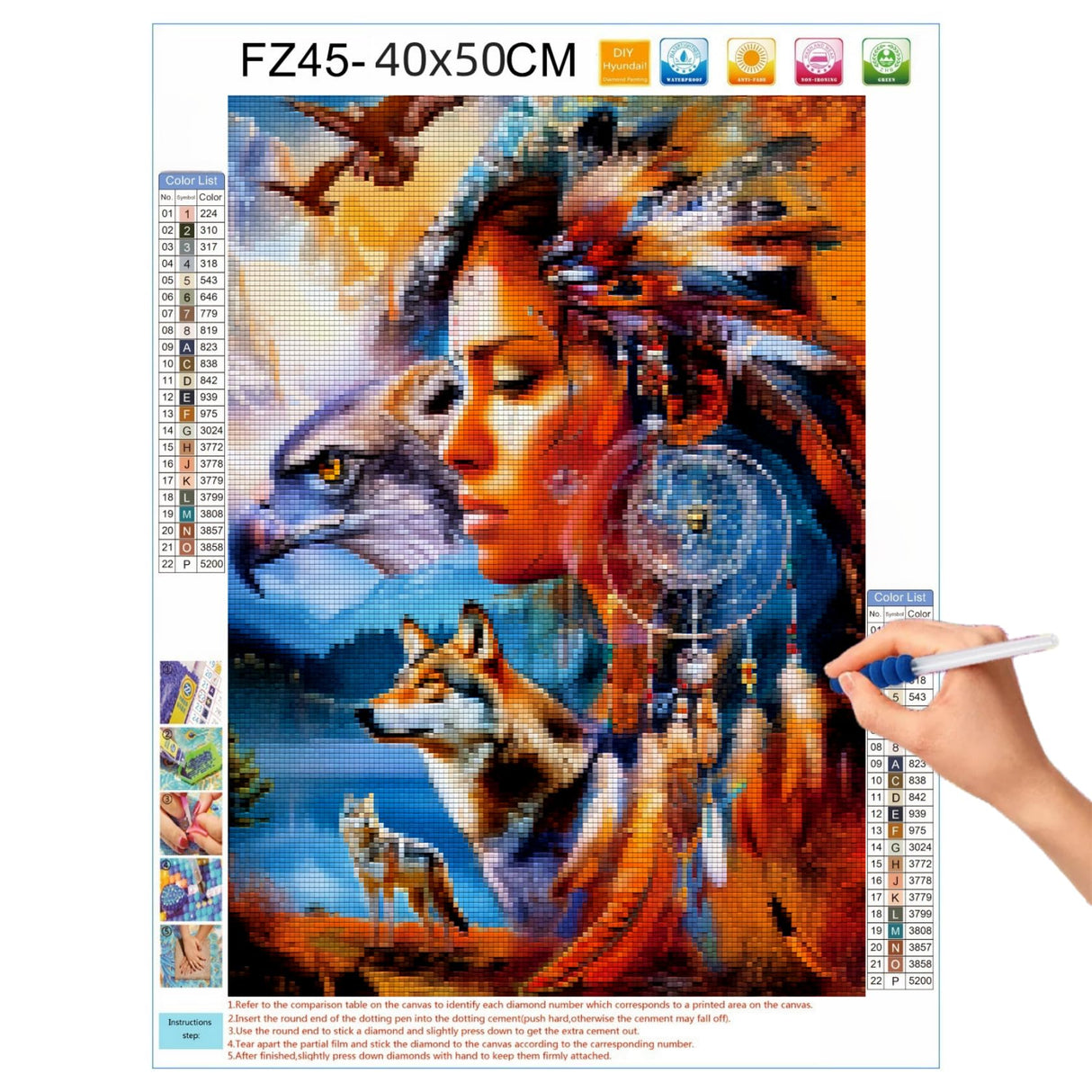 5D Diamond Art Painting American Native Indian Woman Mountain Fall Wolf Full Drill Diamond Art Painting by Number Kits for Adults Square Beads Mosaic Cross Stitch for Wall Decoration 16x20inch(3) WoodArtSupply