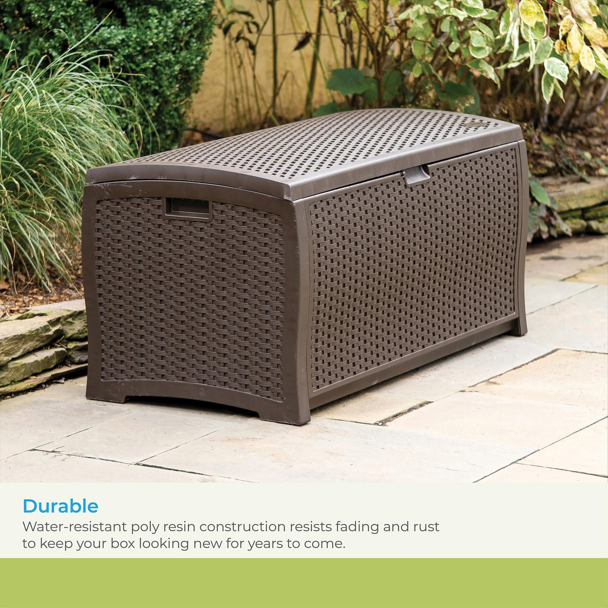 Suncast DBW9200 99 Gallon Outdoor Wicker Plastic Patio Storage Chest Bin with Handles for Patio, Garden, Garage, or Pool for All Weather, Mocha Suncast