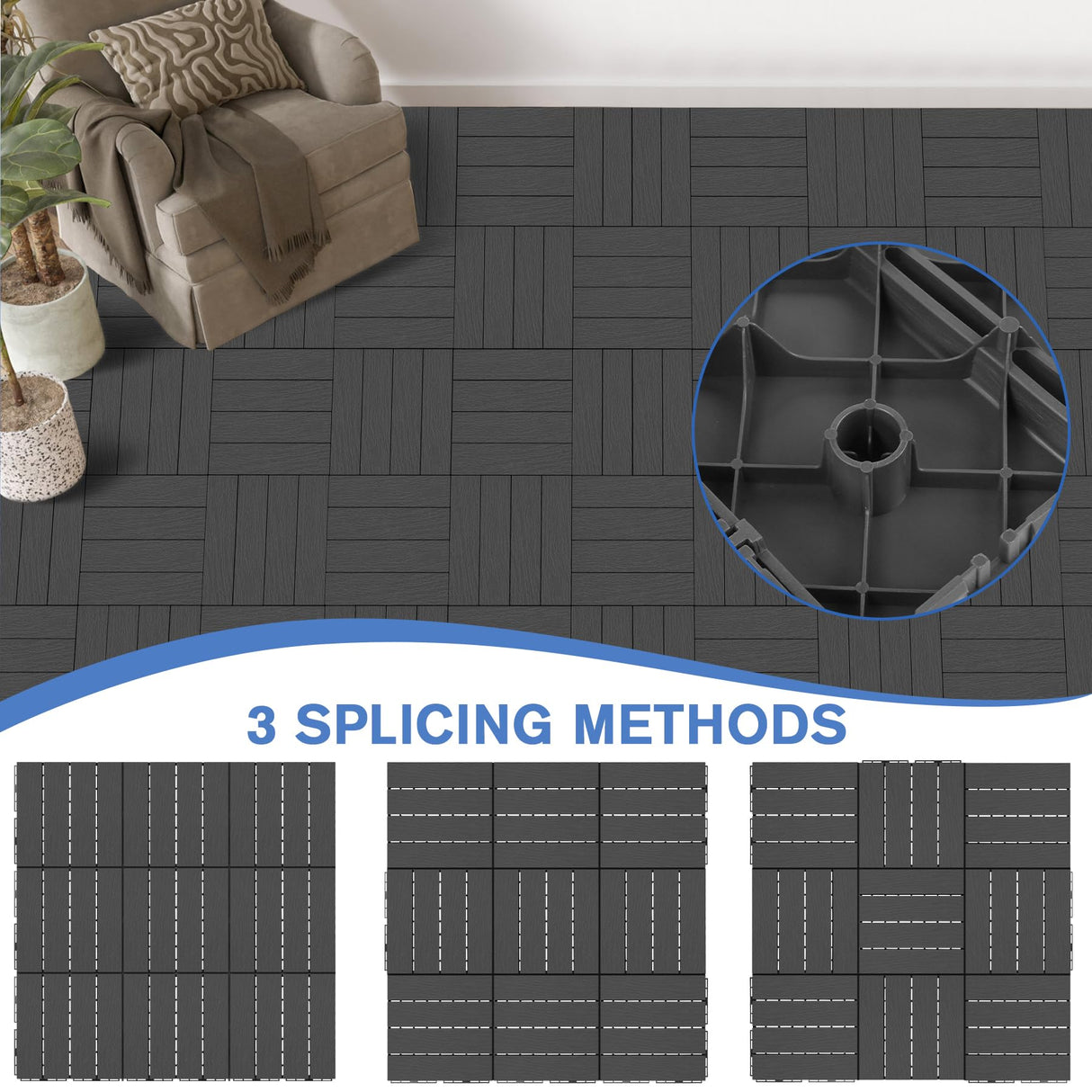 MYFAMIREA 27 Pcs Plastic Interlocking Deck Tiles 12" x 12" Patio Floor Decking Tiles Indoor Outdoor Waterproof Non-Slip Flooring Tiles All Weather Use for Balcony Backyard Porch Poolside, Dark Grey MYFAMIREA