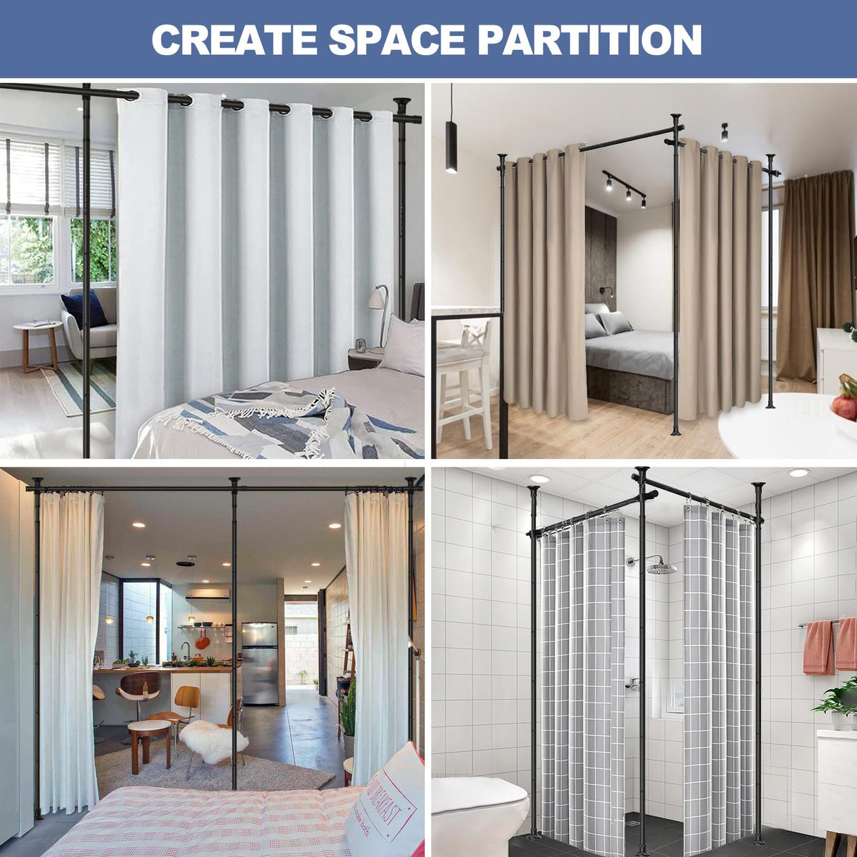 Room Divider, No Drilling Curtain Rod for Room Separation, 4-10ft (H) 28-114inch(W) Adjustable Heavy Duty Floor to Ceiling Wall Divider Hanging Room Dividers Partition Space Separator Matte Black HORSE SECRET