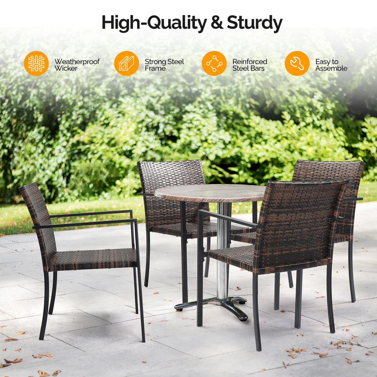 VINGLI Stackable Wicker Chairs Outdoor Dining Set of 4, All-Weather Patio Chairs for Garden, Porch, Deck, Fire Pit - Brown, 350 lbs Capacity VINGLI