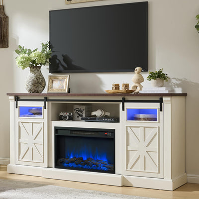 Unineo Fireplace TV Stand for up to 80 Inch TVs, 32’’ Tall LED Entertainment Center with Electric Fireplace, Farmhouse TV Console Table w/Sliding Barn Door & Window for Living Room, Antique White