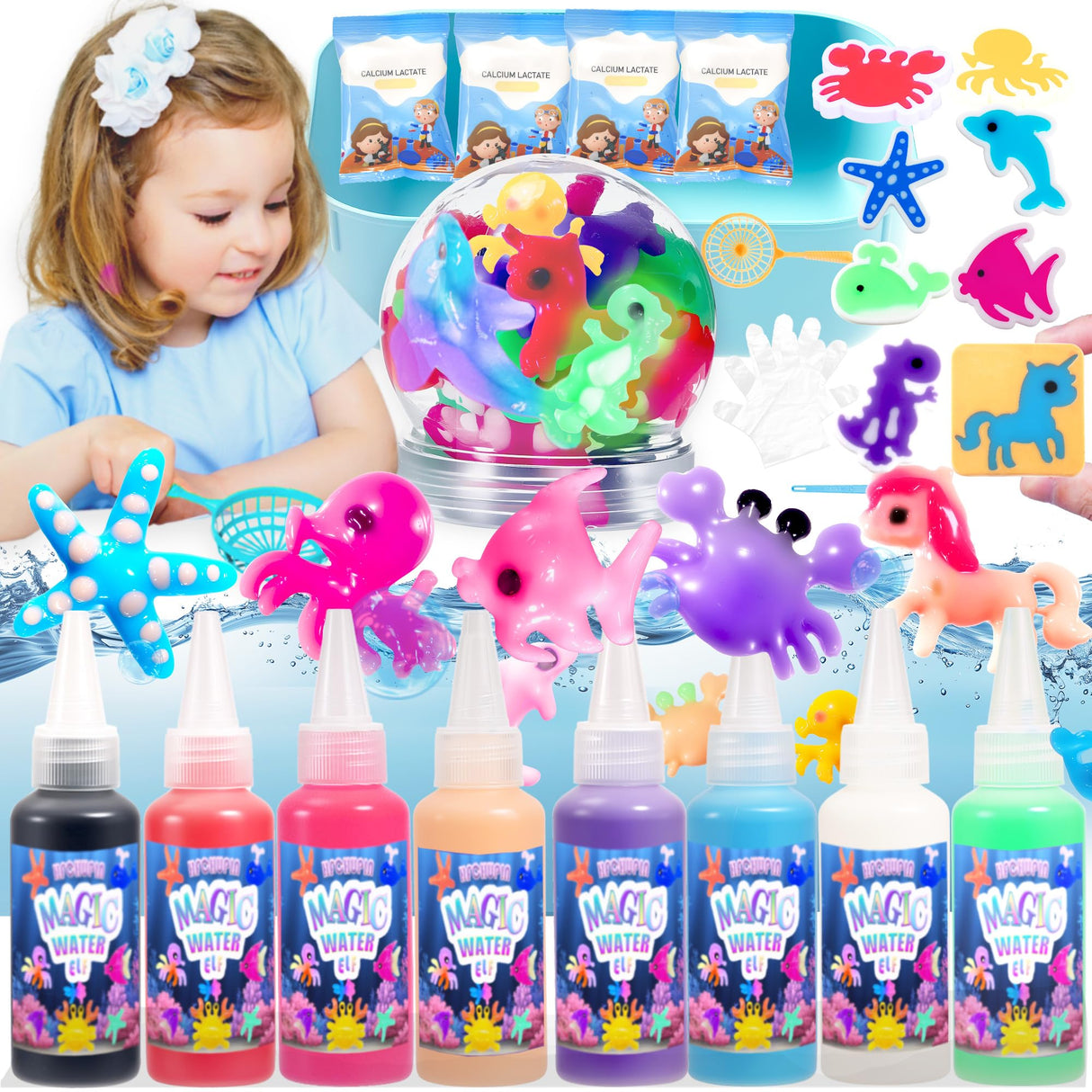 HFCHUPIN Magic Water Elf Toy Kit, Water Gel Kit with 6 Magic Gels,2 Bottles Ofluminous Gel 8 Sea Creature Molds. Birthday Gifts, Party Favors, Arts & Crafts DIY Kits for Kids HFCHUPIN