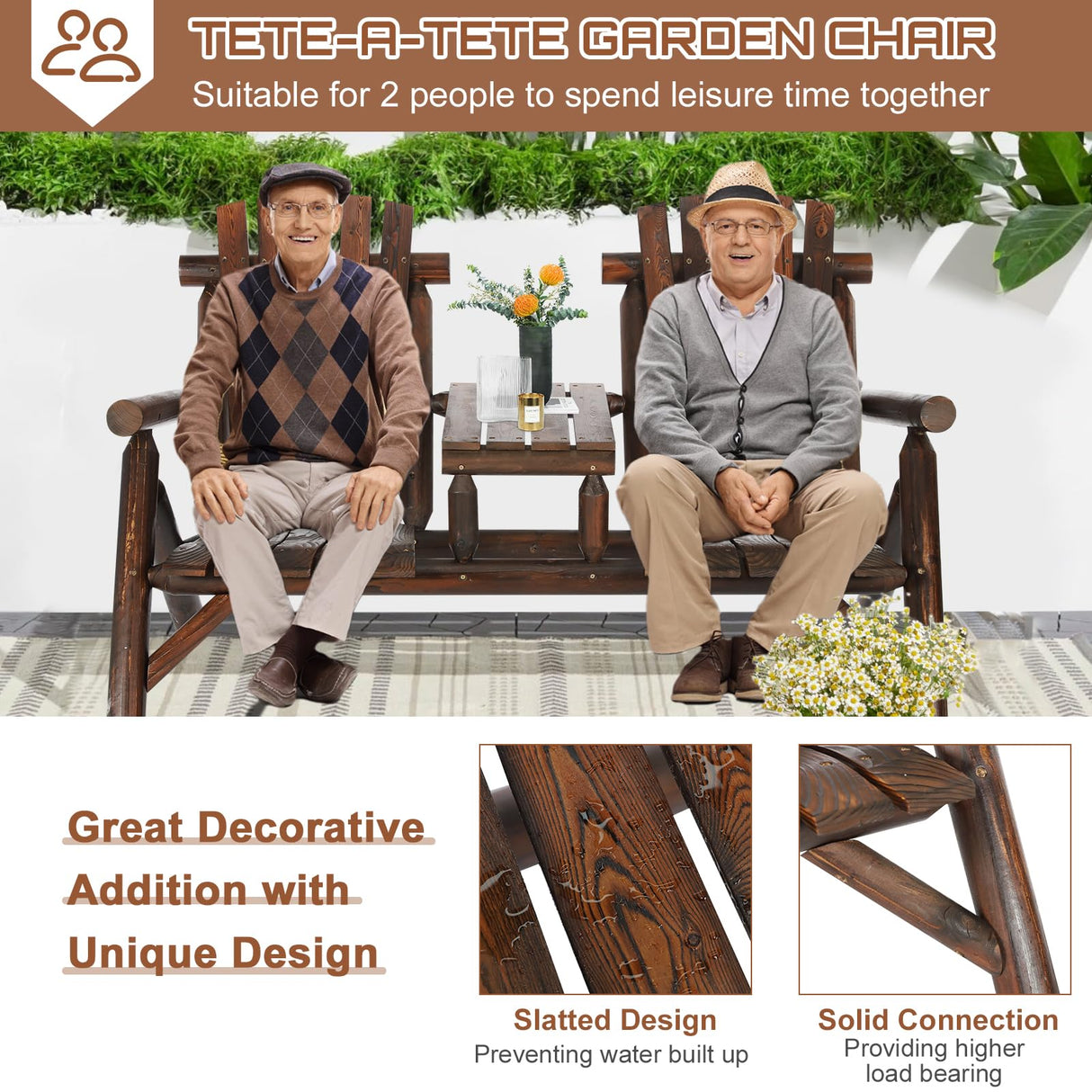 HOMEDIARY 2-Seat Wooden Adirondack Chair, Outdoor Log Patio Loveseat with Built-in Table, Patio Bench Fire Pit Chair Porch Furniture Conversation Set for Deck Lawn Pool Backyard, Carbonized HOMEDIARY