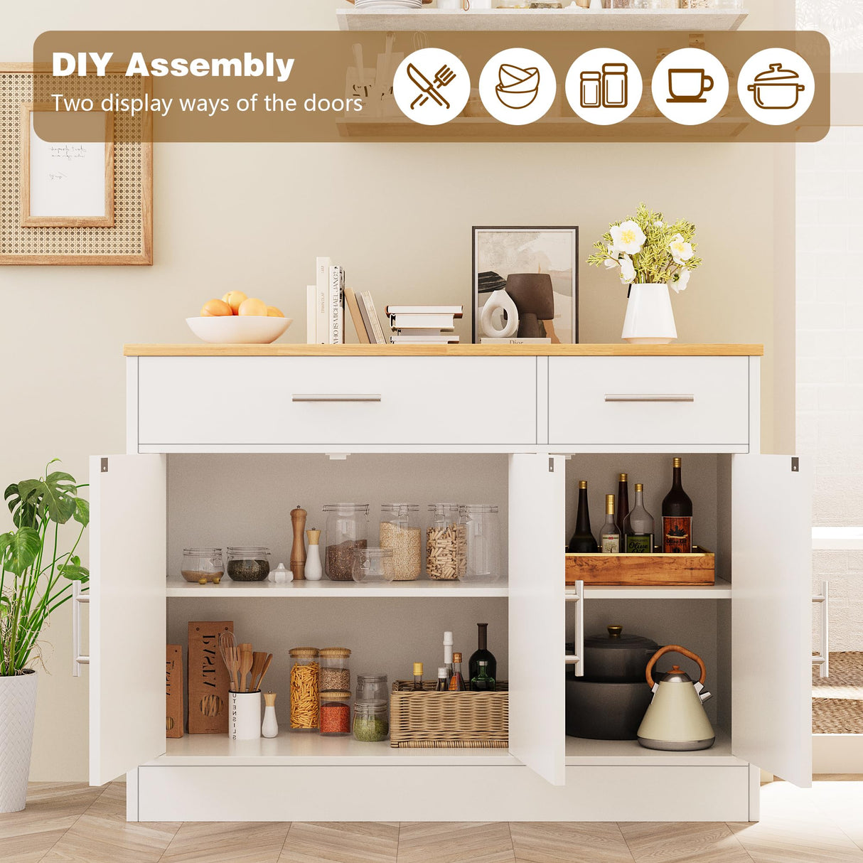 Vongrasig 43” Sideboard Buffet Cabinet with Storage, Farmhouse Coffee Bar with Drawers and Shelves, Wood Buffet Table for Kitchen, Dining Room, White Vongrasig