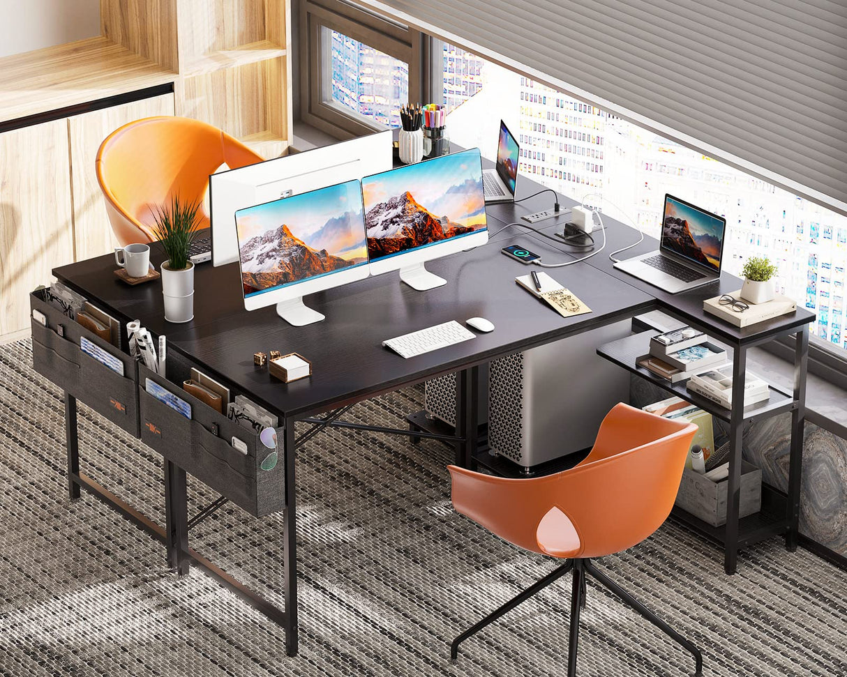 ODK 55 Inch Small L Shaped Computer Desk with Power Outlets, Corner Desk with PC Stand & Reversible Storage Shelves for Small Space Home Office Workstation, Modern Simple Writing Study Table, Black ODK