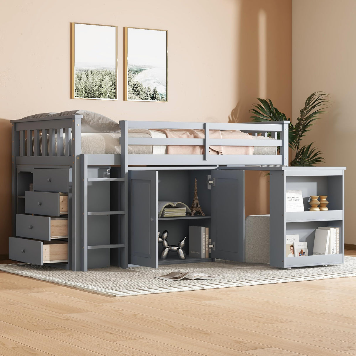 Low Loft Bed with Storage & Rolling Out Desk, Kids Twin Size Loft Beds with Cabinet & Drawers, Rubber Wood Junior Lofts Bed with Dresser/Ladder/Guardrails for Boys Girls Teens, Gray Duxelifin